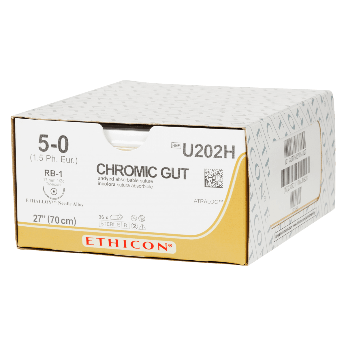 Ethicon Surgical Gut Suture, Chromic, 5-0, 27" Needle, RB-1 Taper Point, 1/2 Circle, 17mm, Brown, 36/Bx, U202H thumbnail 2
