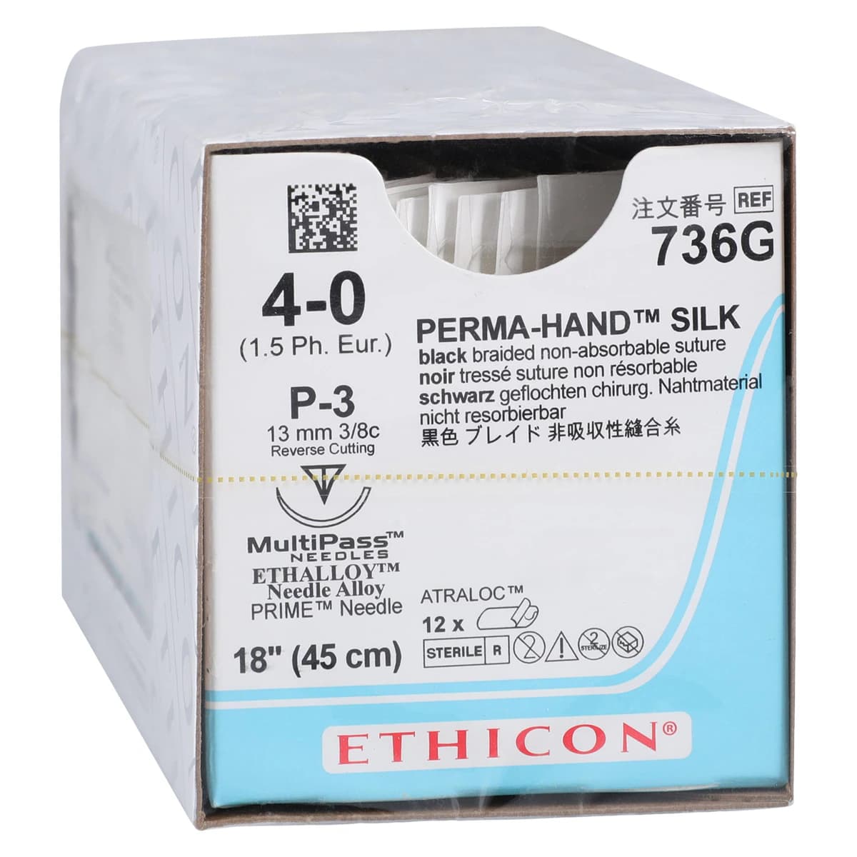 Ethicon Perma-Hand Braided Silk Non-Absorbable Sutures, 4-0, 18", Black, C-3 Reverse Cutting Needle, 3/8 Circle, 12/Box, 736G thumbnail 2