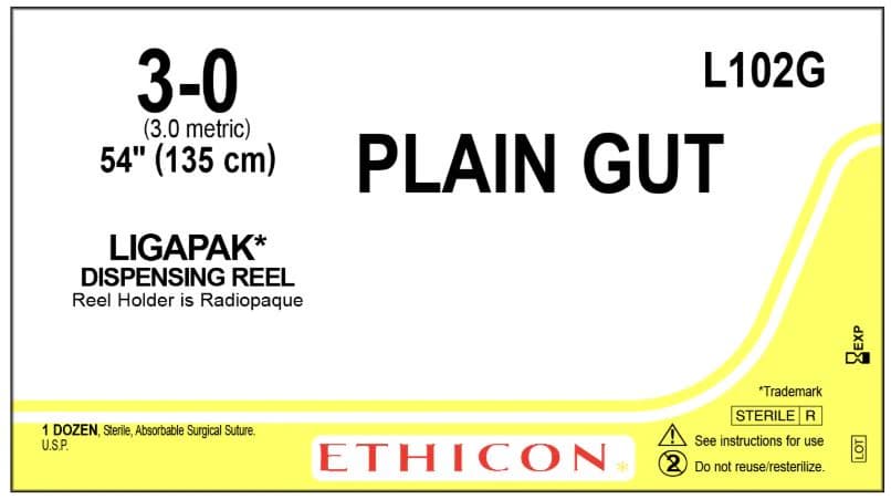 Ethicon Plain Gut Surgical Suture, 3-0, 54", 12/Box, L102G - Suture Surg Gut Mono Bge Rl - Image 1