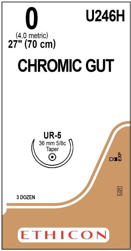 Ethicon Chromic Gut Surgical Suture, Size 0, 27", UR-5 Taper Point 5/8 Circle Needle, 36mm, 3 Dozen/Box, U246H - ETHICON SURGICAL GUT SUTURE - CHROMIC U246H - Image 1