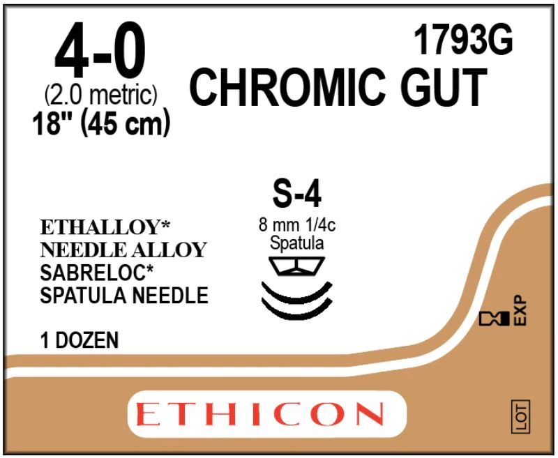 Chromic Gut Monofilament Suture, 4-0, 18" Length, S-4/S-4 Reverse Cutting Spatula Needle, 8mm, Brown, 1/Box - Suture Surg Gut Chrom Bge S4 - Image 1