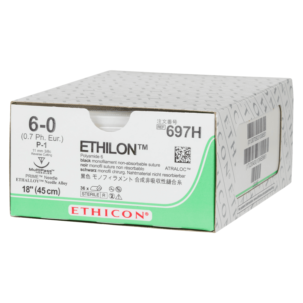 Ethilon Nylon Monofilament Non-Absorbable Suture, 6-0, 18 in, Black, P-1 Prime Reverse Cutting 3/8 Circle Needle, 36/Box thumbnail 2