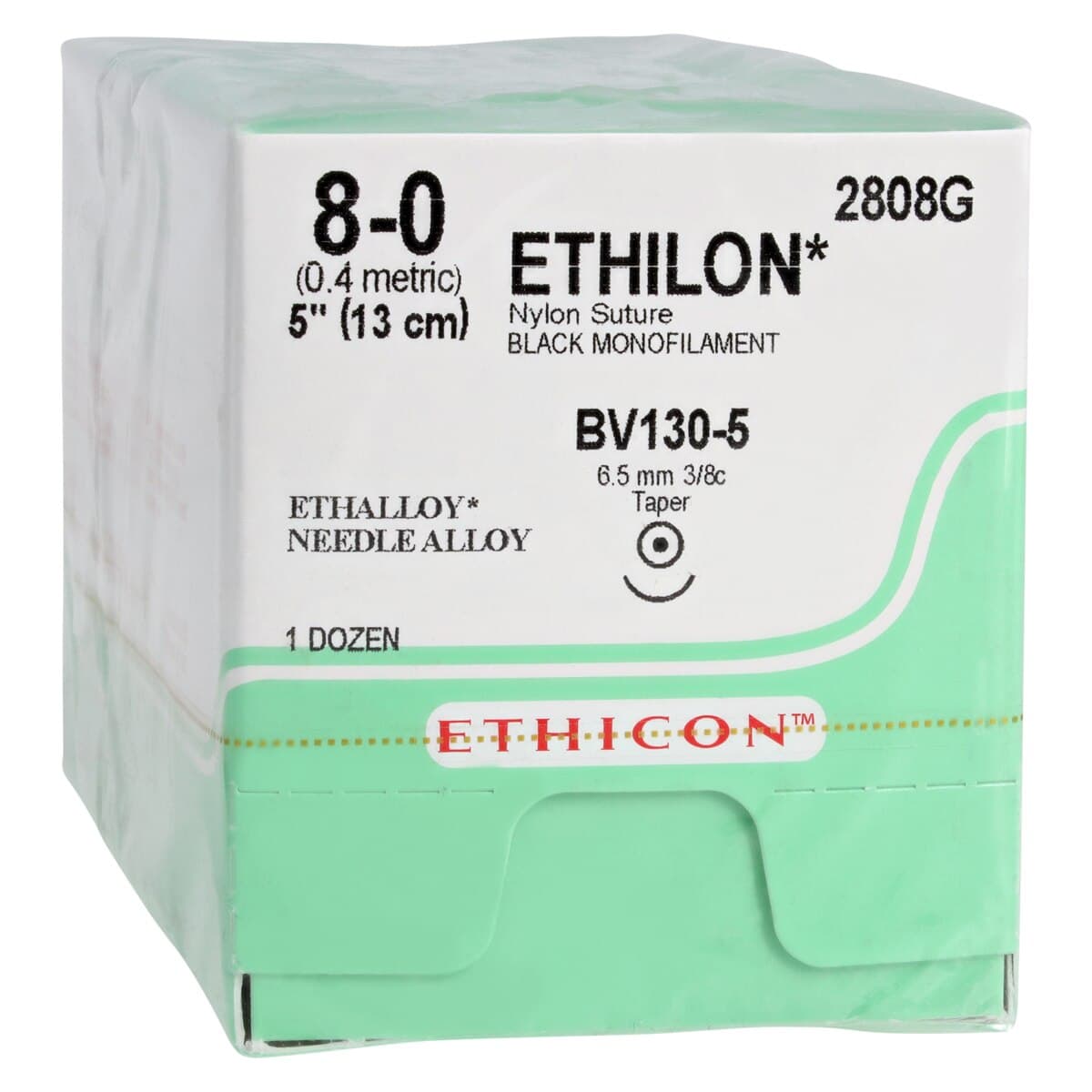 Ethicon Ethilon Nylon Suture, 8-0, 5", Black Monofilament, BV130-5 Taper Point Needle, 3/8 Circle, 12/Box, 2808G thumbnail 2
