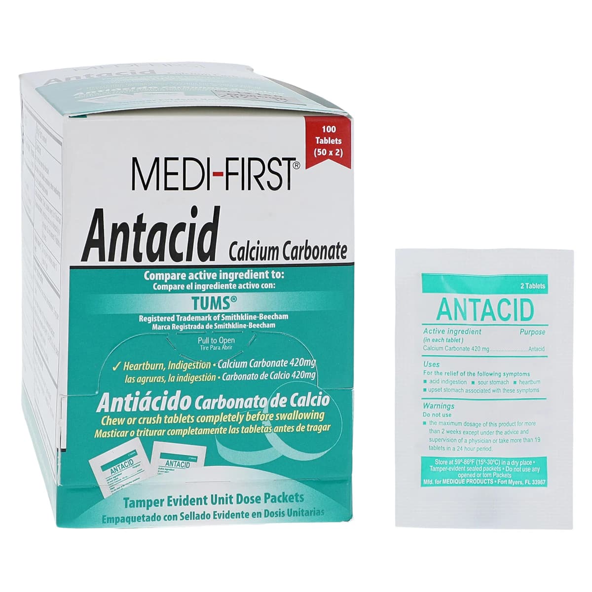 Medi-First Antacid Chewable Tablets, 420mg, 100 Count (2 Pouches of 50), Box thumbnail 2
