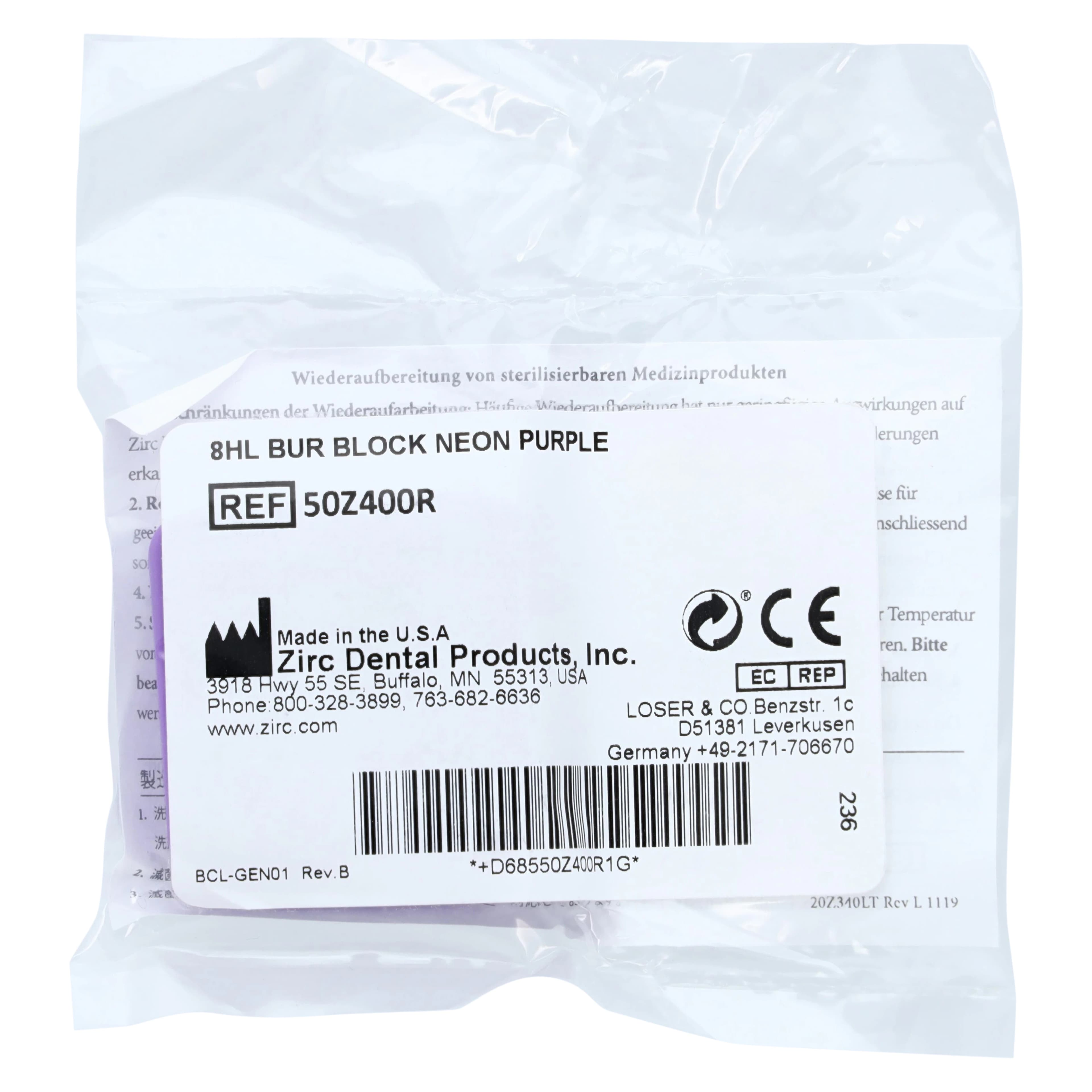Zirc 8-Hole Magnetic Bur Block, Neon Purple, Fits FG/RA/HP Burs, Autoclavable, 1/Pk, 50Z400R thumbnail 3