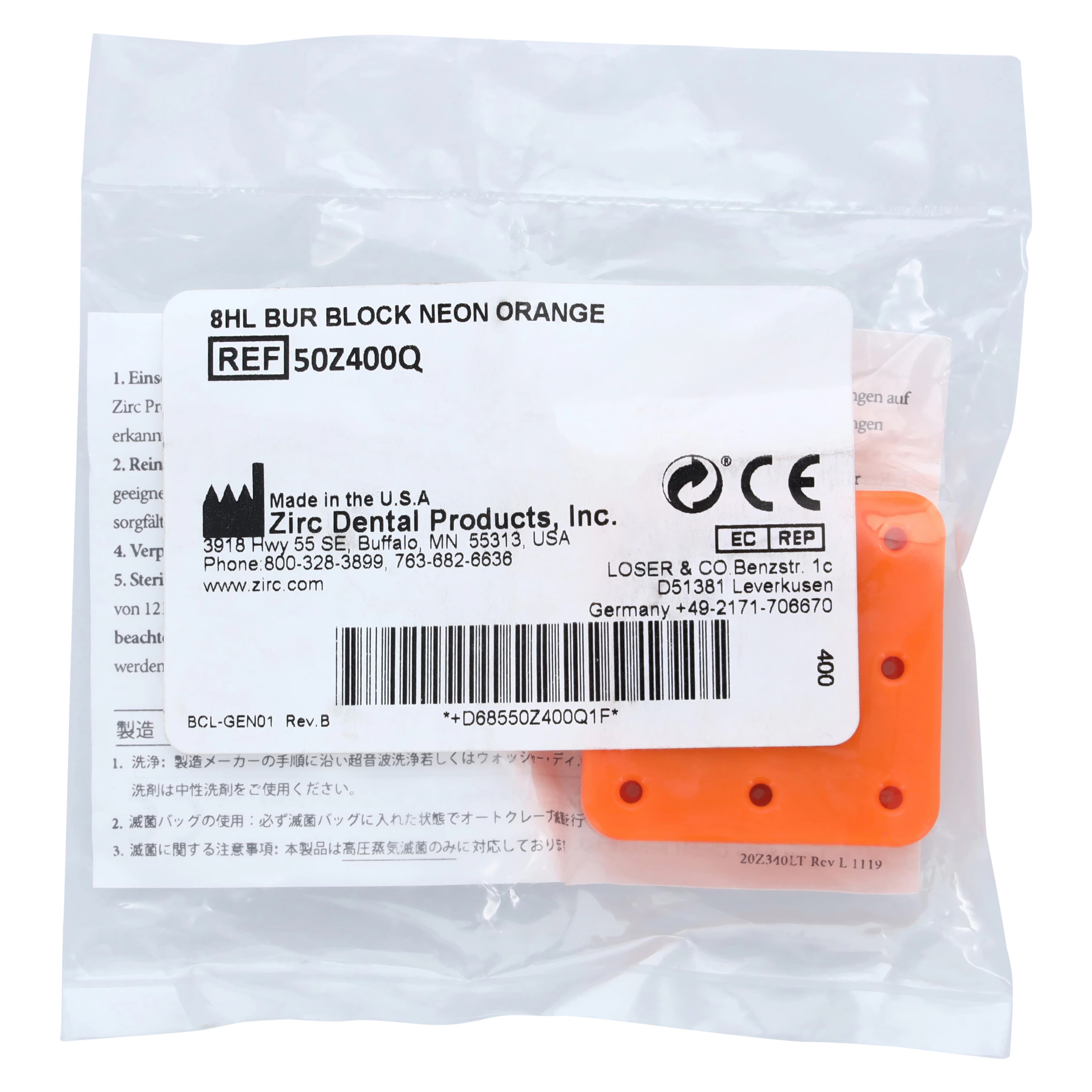 Zirc 8-Hole Magnetic Bur Block, Neon Orange, Fits FG/RA/HP Burs, Autoclavable, 1/Pk, 50Z400Q thumbnail 3