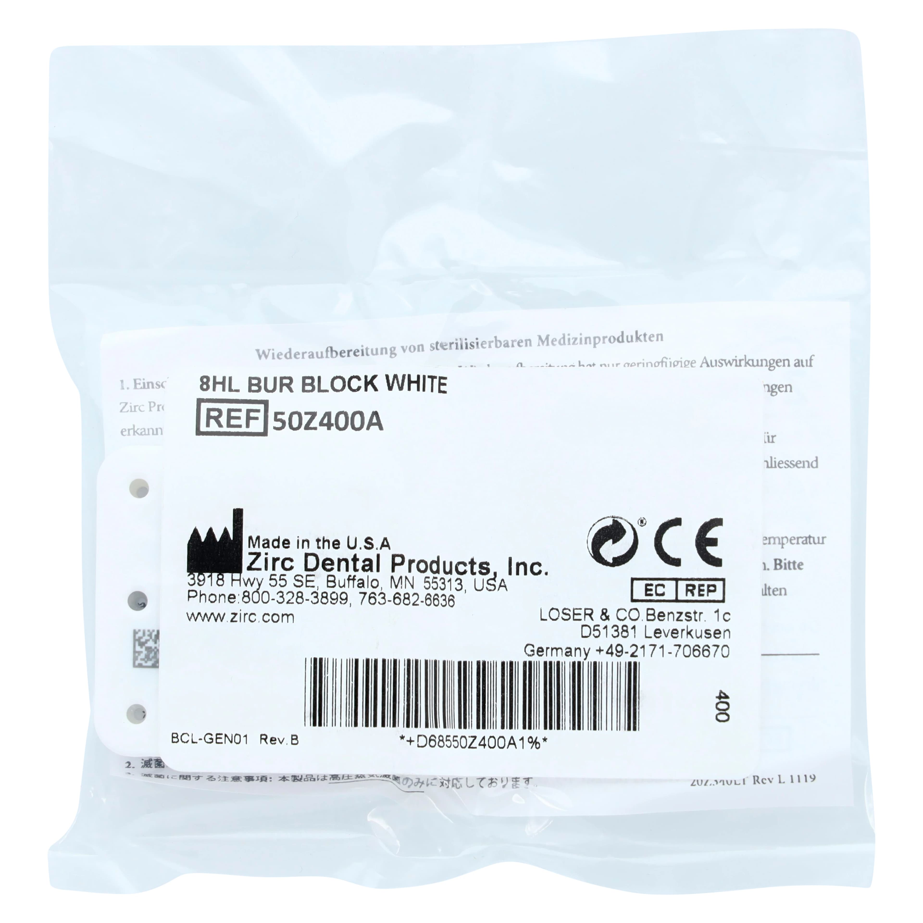 Zirc 8-Hole Magnetic Bur Block, White, Fits FG/RA/HP Burs, Autoclavable, 1 Each (50Z400A) thumbnail 3