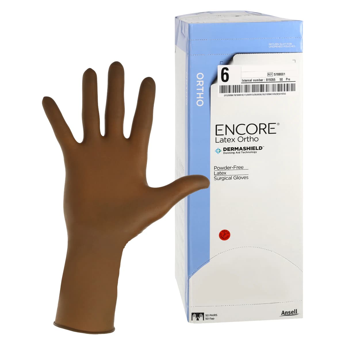 Ansell Encore Orthopaedic Latex Surgical Gloves, Size 6, Sterile, Powder-Free, Brown, 50 Pairs/Box thumbnail 2