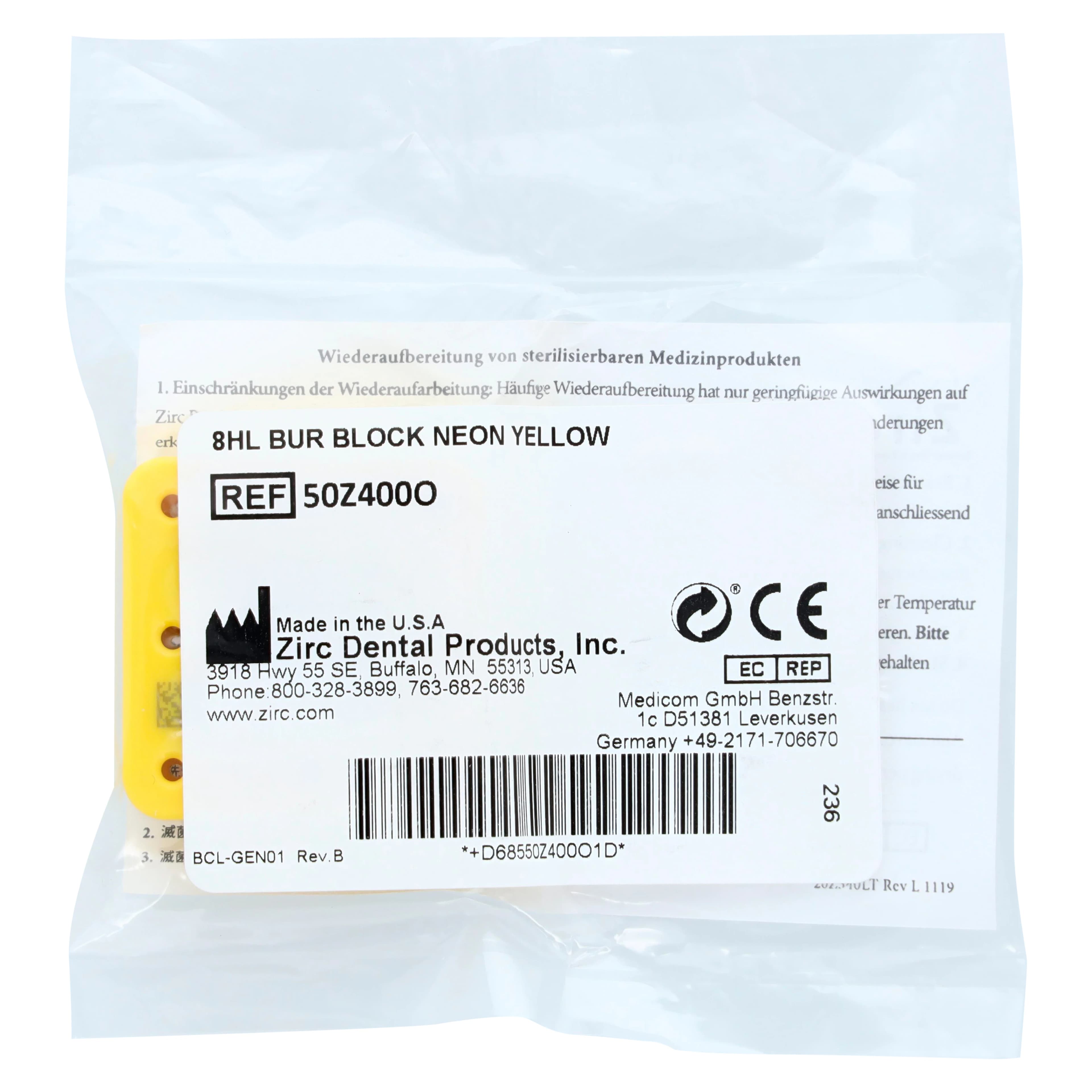 Zirc 8-Hole Magnetic Bur Block, Neon Yellow, Fits FG/RA/HP Burs, Autoclavable, 1/Pk, 50Z400O thumbnail 4