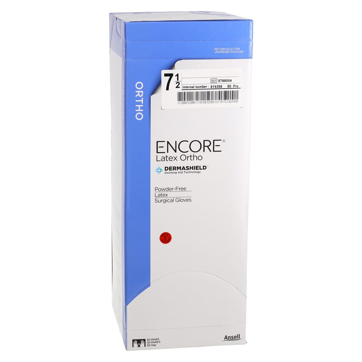 Ansell Encore Orthopaedic Latex Surgical Gloves, Powder-Free, Sterile, Size 7.5, Brown, Textured, Beaded Cuff, 50 Pairs/Box thumbnail 4