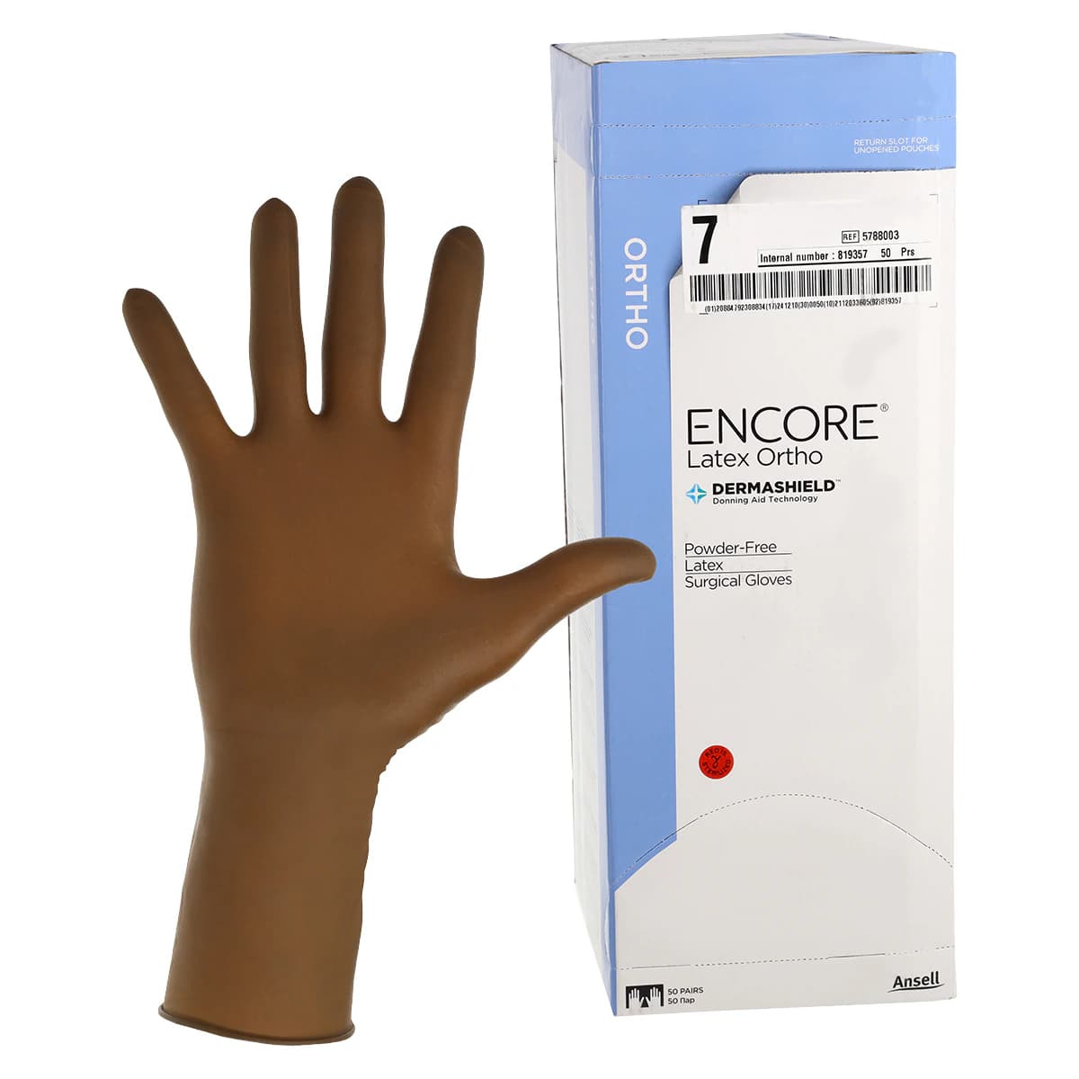 Ansell Encore Orthopaedic Latex Surgical Gloves, Size 7, Sterile, Powder-Free, Brown, 50 Pairs/Box thumbnail 2