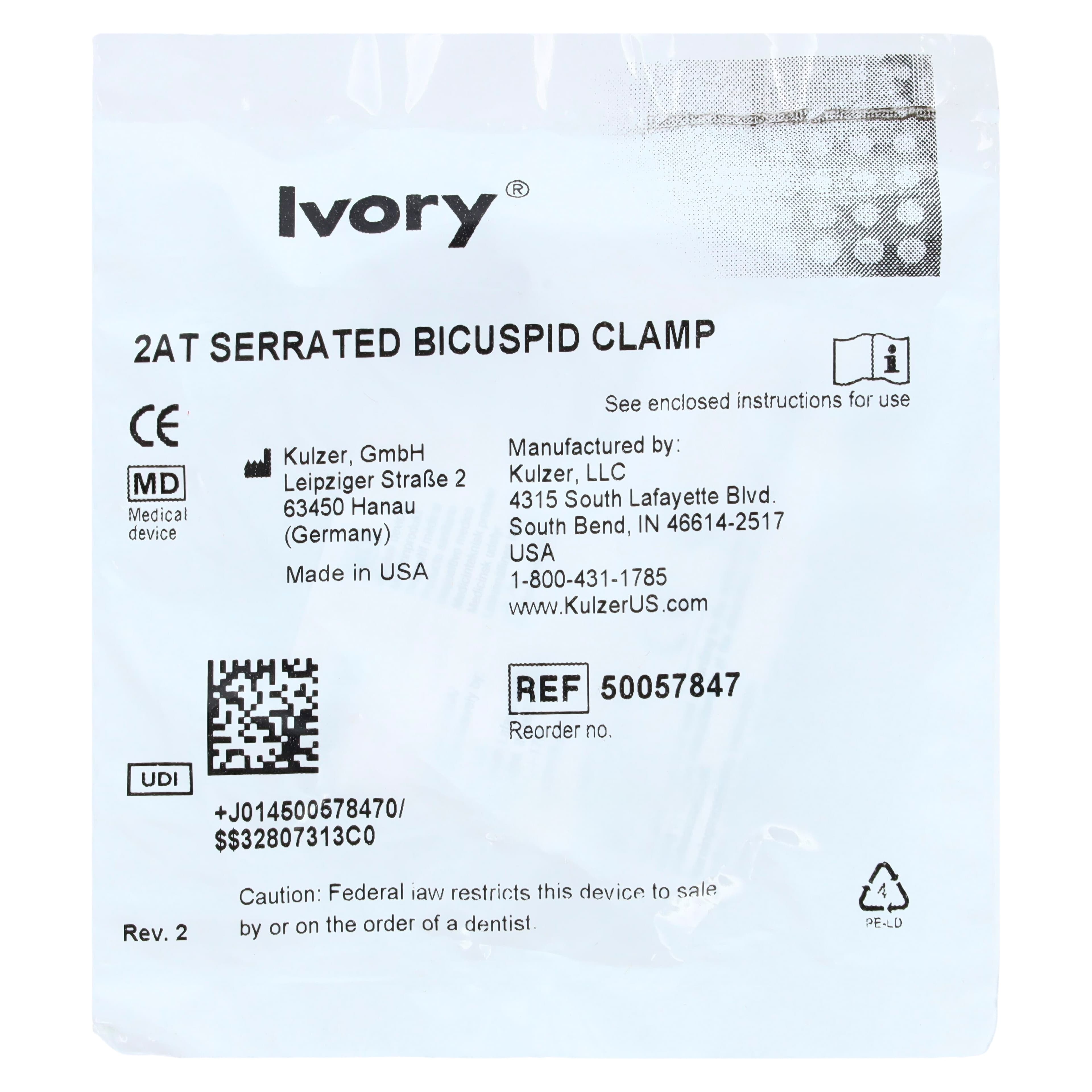 Ivory Tiger Rubber Dam Clamp, #2AT, Winged, Serrated, for Bicuspids with Large Necks, 1 Each, 50057847 thumbnail 3