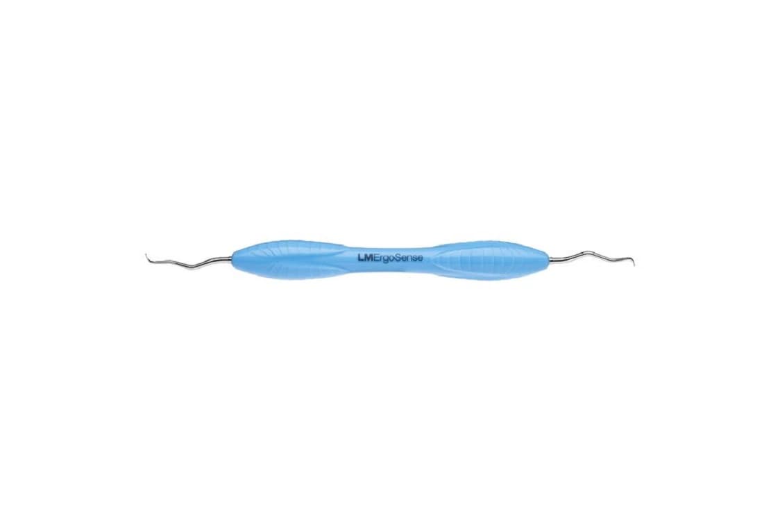 LM ErgoSense Gracey Curette Double-Ended 13/14, Stainless Steel, Light Blue Silicone Handle - Stainless Steel Standard Gracey 13/14 Curette - Ergosense Handle - Image 1