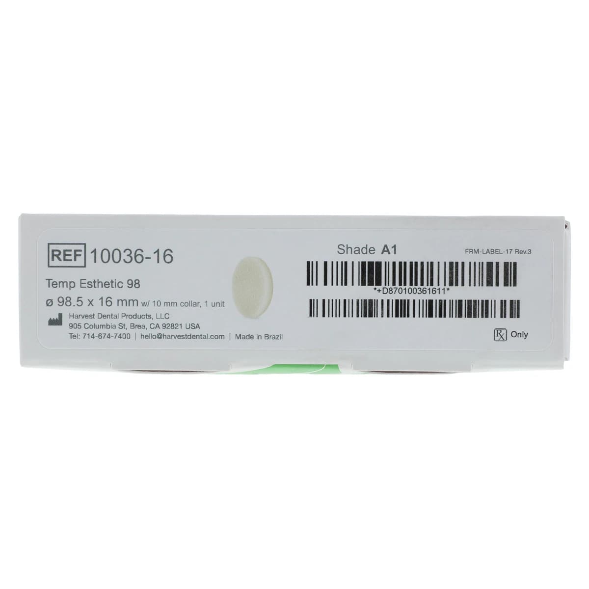 Harvest Esthetic DCL PMMA -ML- Denture + Temp Disc, A1 Shade, 98 x 16 mm, 01KEZKNHSNCG7PNARQ5YMH2PW3 - Harvest Esthetic DCL PMMA -ML- Denture + Temp Disc – 98 x 16 mm - A1 - Image 1