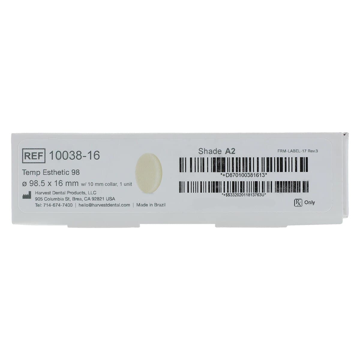 Harvest Esthetic DCL PMMA -ML- Denture + Temp Disc, A2 Shade, 98 x 16 mm thumbnail 5