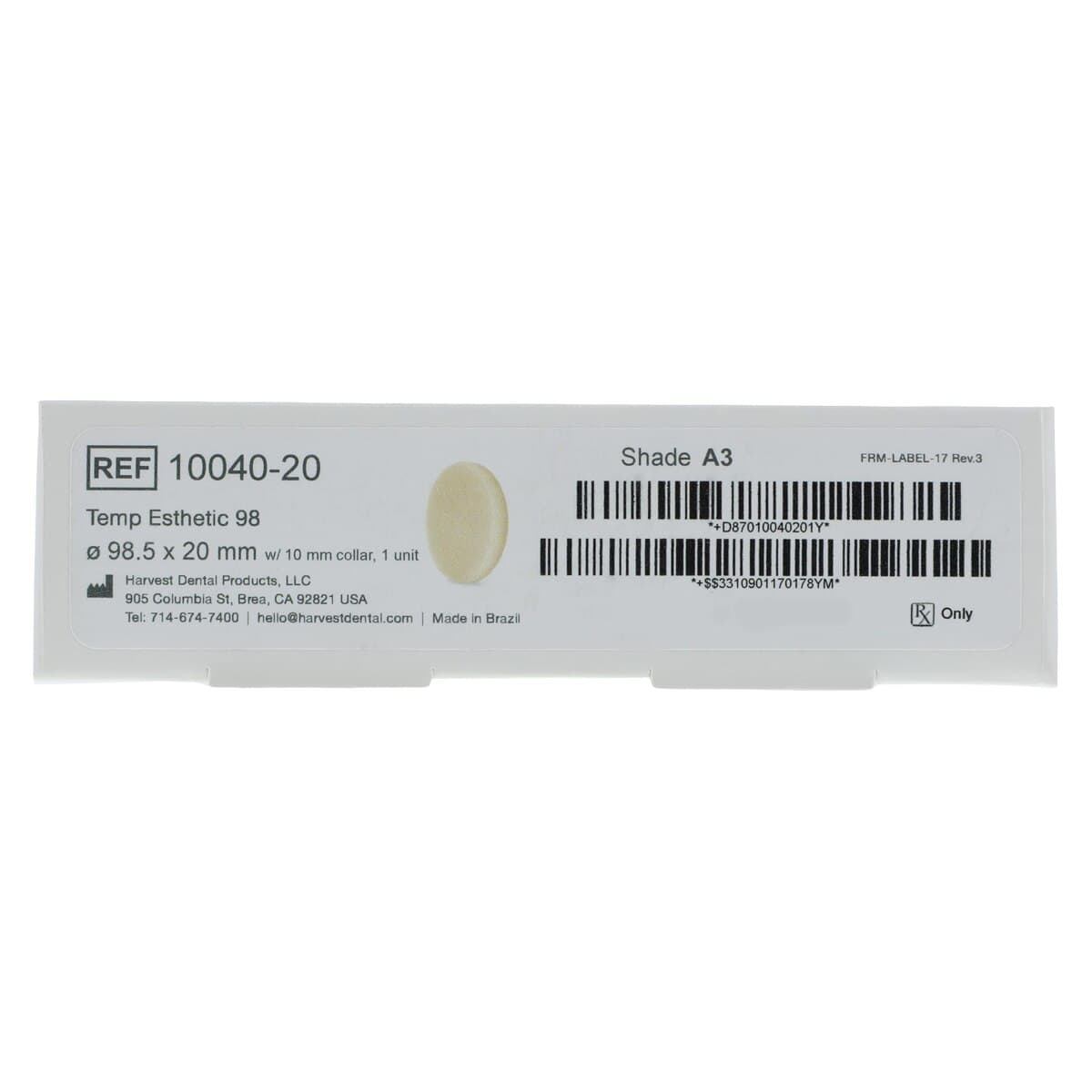 Harvest Esthetic DCL PMMA -ML- Denture + Temp Disc, A3 Shade, 98 x 20 mm thumbnail 6