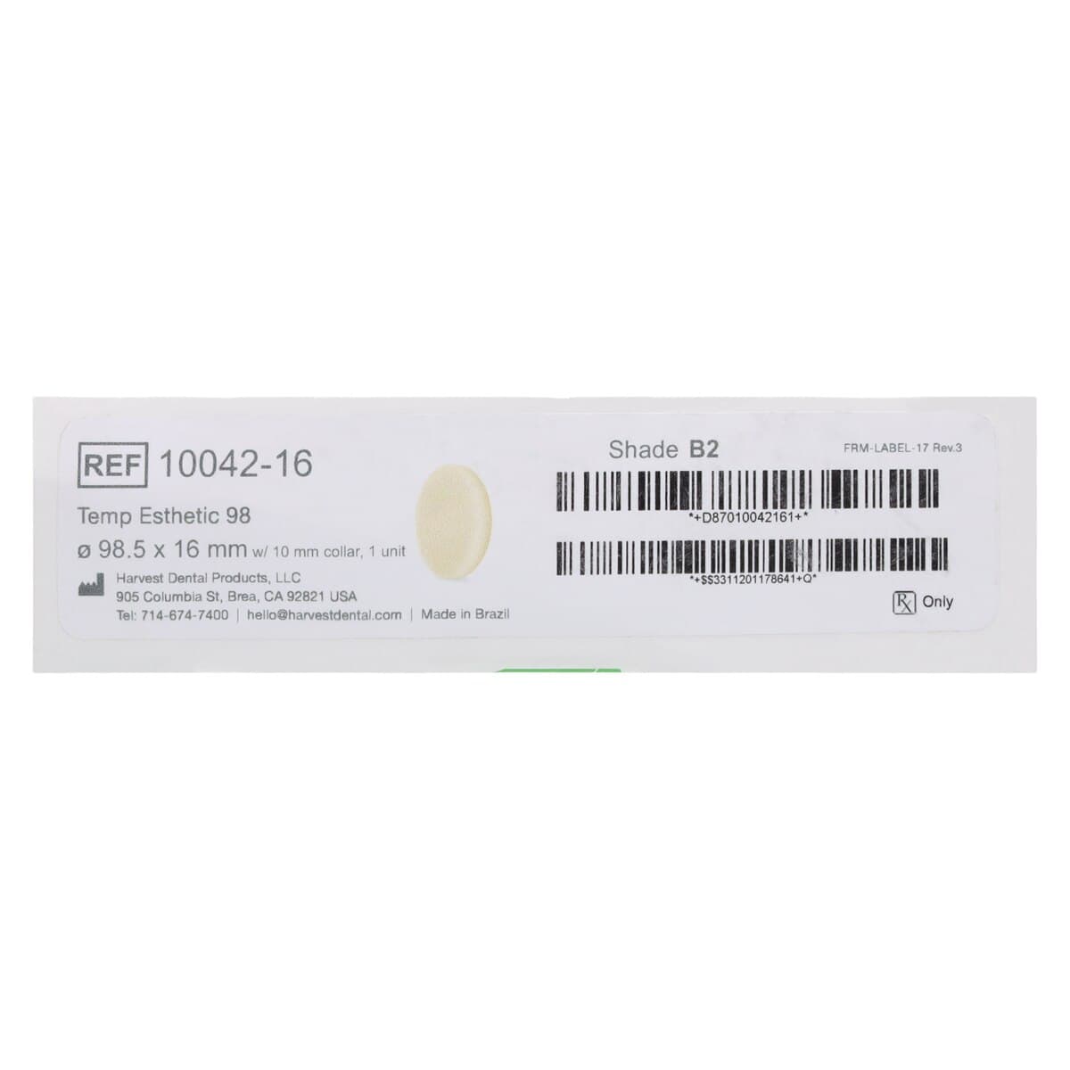 Harvest Esthetic DCL PMMA -ML- Denture + Temp Disc, B2 Shade, 98 x 16 mm thumbnail 2