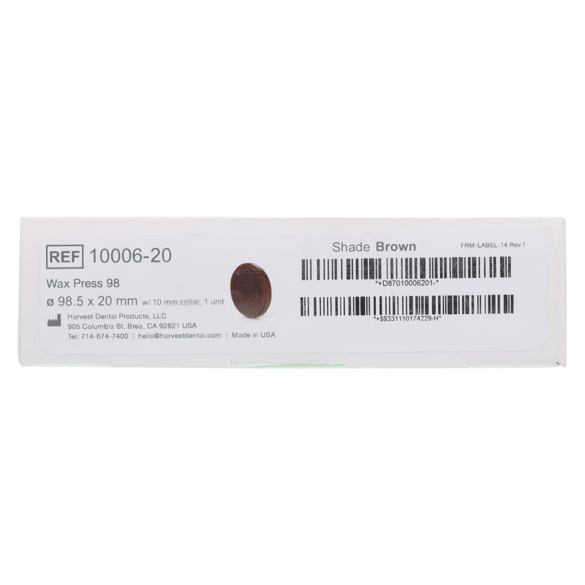ZCAD Wax Press 98 Brown, 98.5 mm Diameter x 20 mm Thick, 1/Pkg thumbnail 5