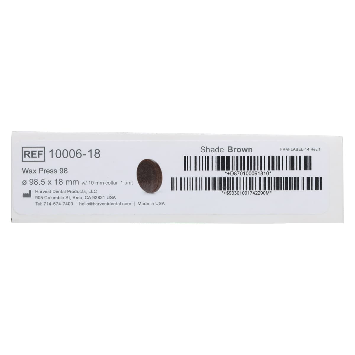 ZCAD Wax Press 98 Brown, 98.5mm Diameter x 18mm Thick, 1/Pkg thumbnail 5