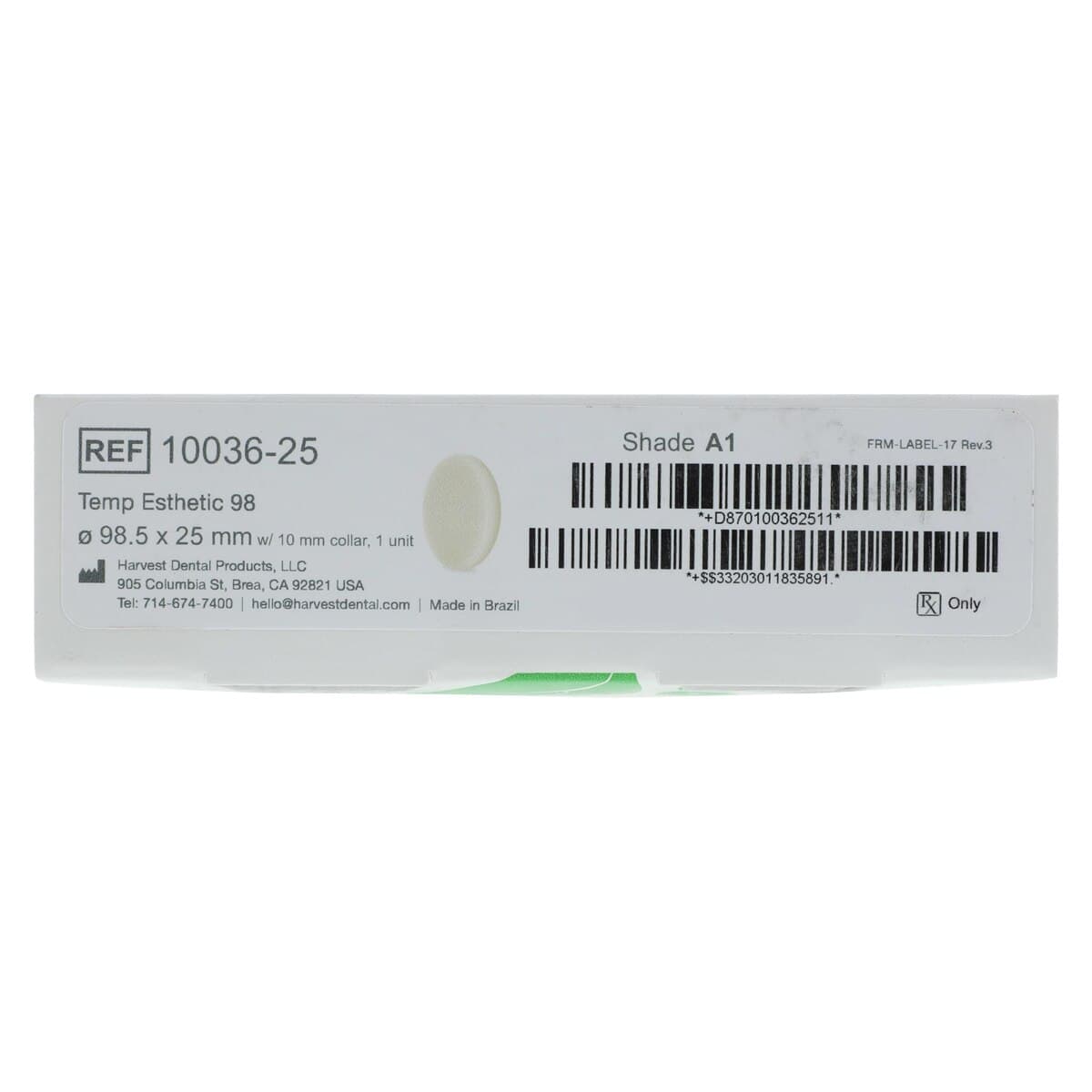 Harvest Esthetic DCL PMMA -ML- Denture + Temp Disc, 98 x 25 mm, Shade A1, 1/Pkg thumbnail 9