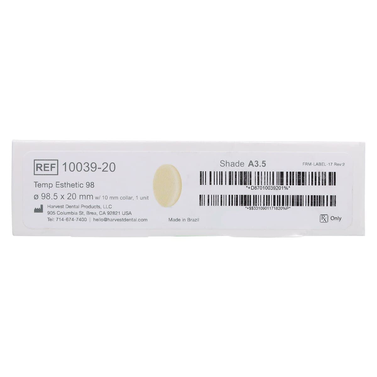 Harvest Esthetic DCL PMMA Denture + Temp Disc, A3.5, 98 x 20 mm, 01KEZKNHSS68P0TVVJVAENAT6X thumbnail 2
