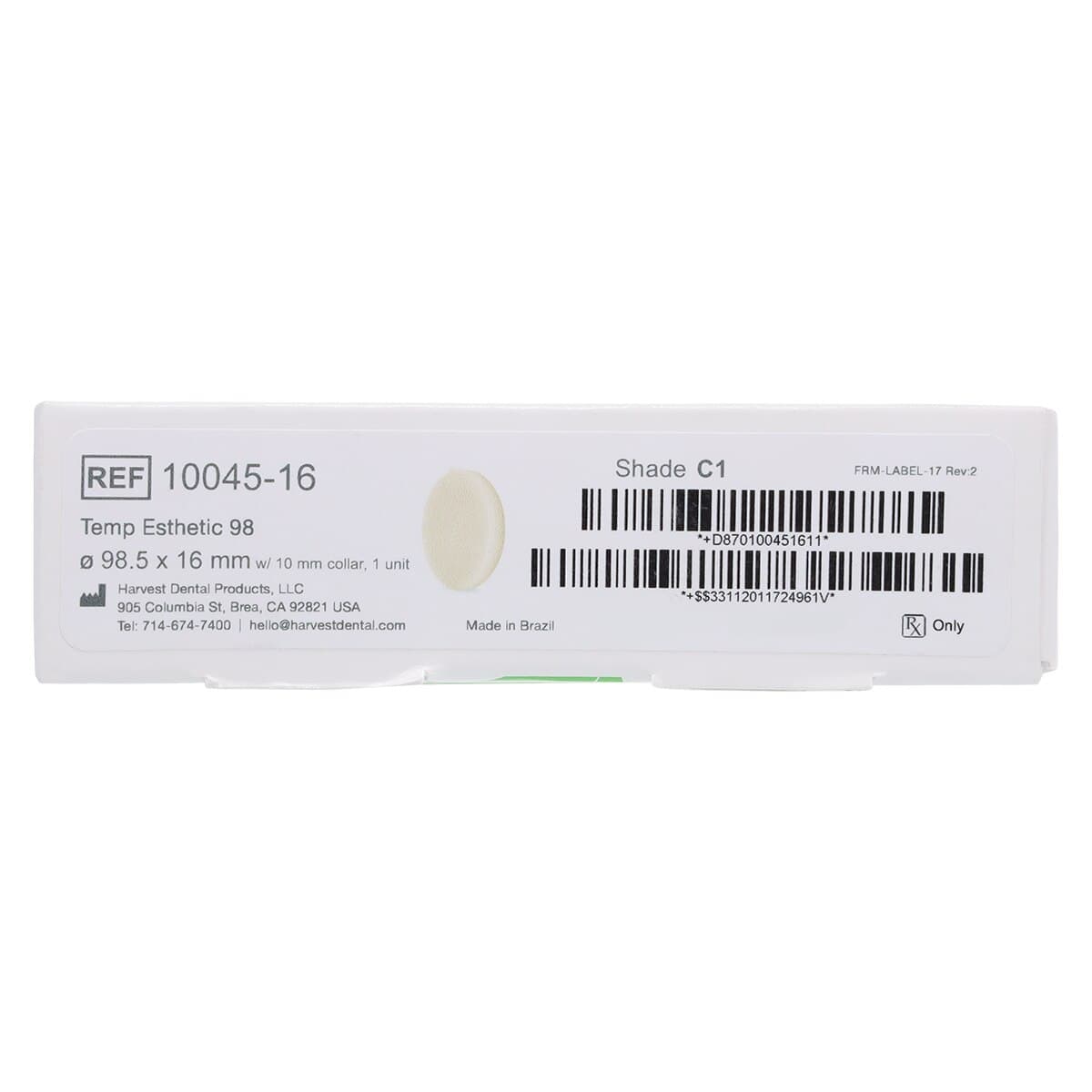 Harvest Esthetic DCL PMMA Denture + Temp Disc, 98 x 16 mm, C1 Shade thumbnail 2