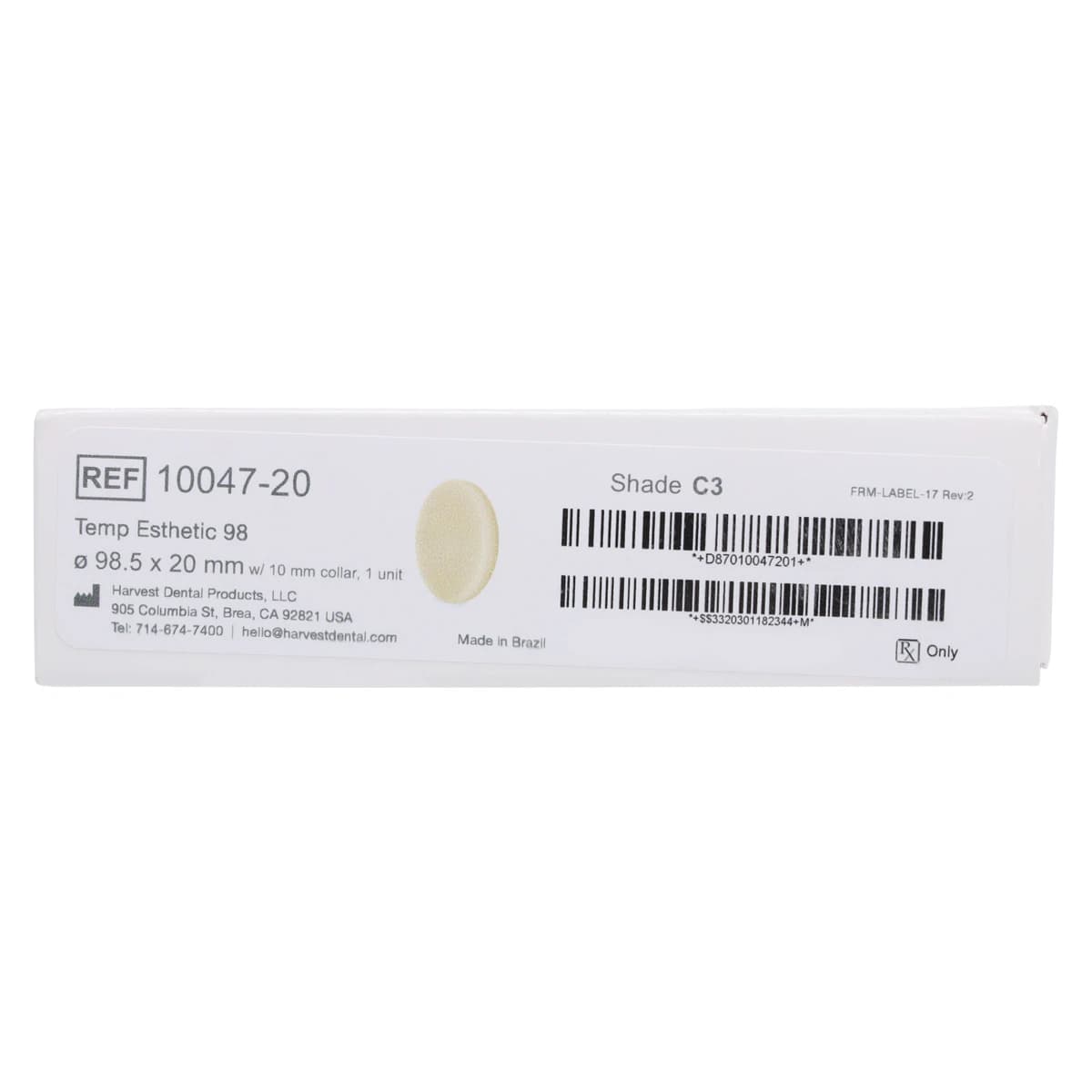 Harvest Esthetic DCL PMMA Denture + Temp Disc, 98 x 20 mm, C3 Shade, 01KEZKNHSV15W6XXQSVA7ZF4BX - Harvest Esthetic DCL PMMA -ML- Denture + Temp Disc – 98 x 20 mm - C3 - Image 1