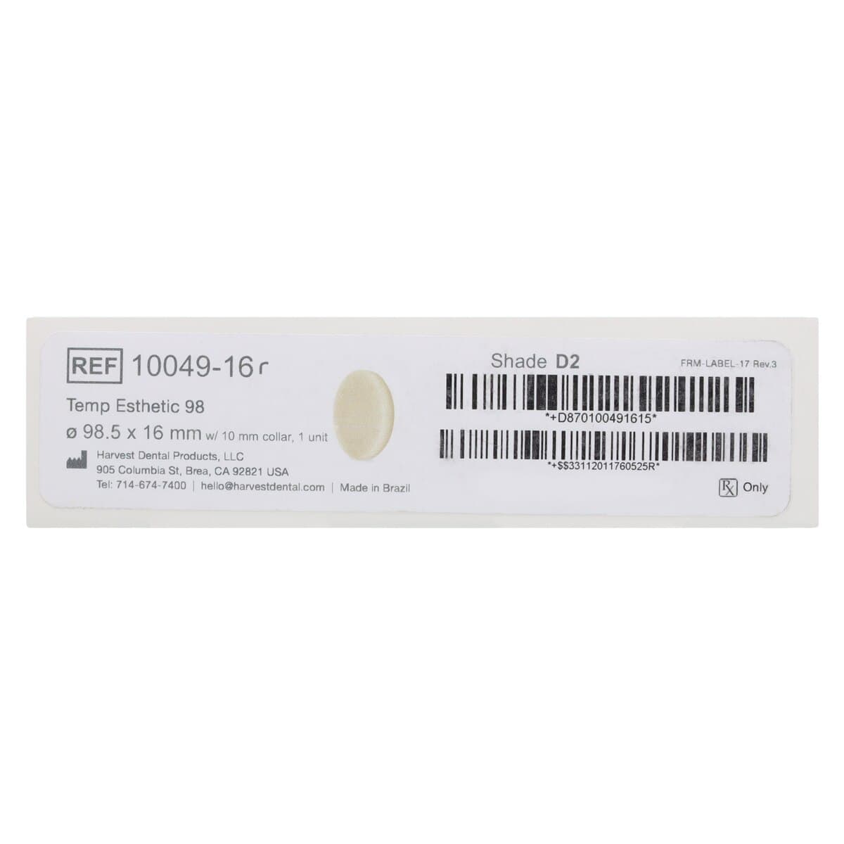 Harvest Esthetic DCL PMMA -ML- Denture + Temp Disc, D2 Shade, 98 x 16 mm, 01KWVT5YPXSYFH949HTH7FDTDX thumbnail 7
