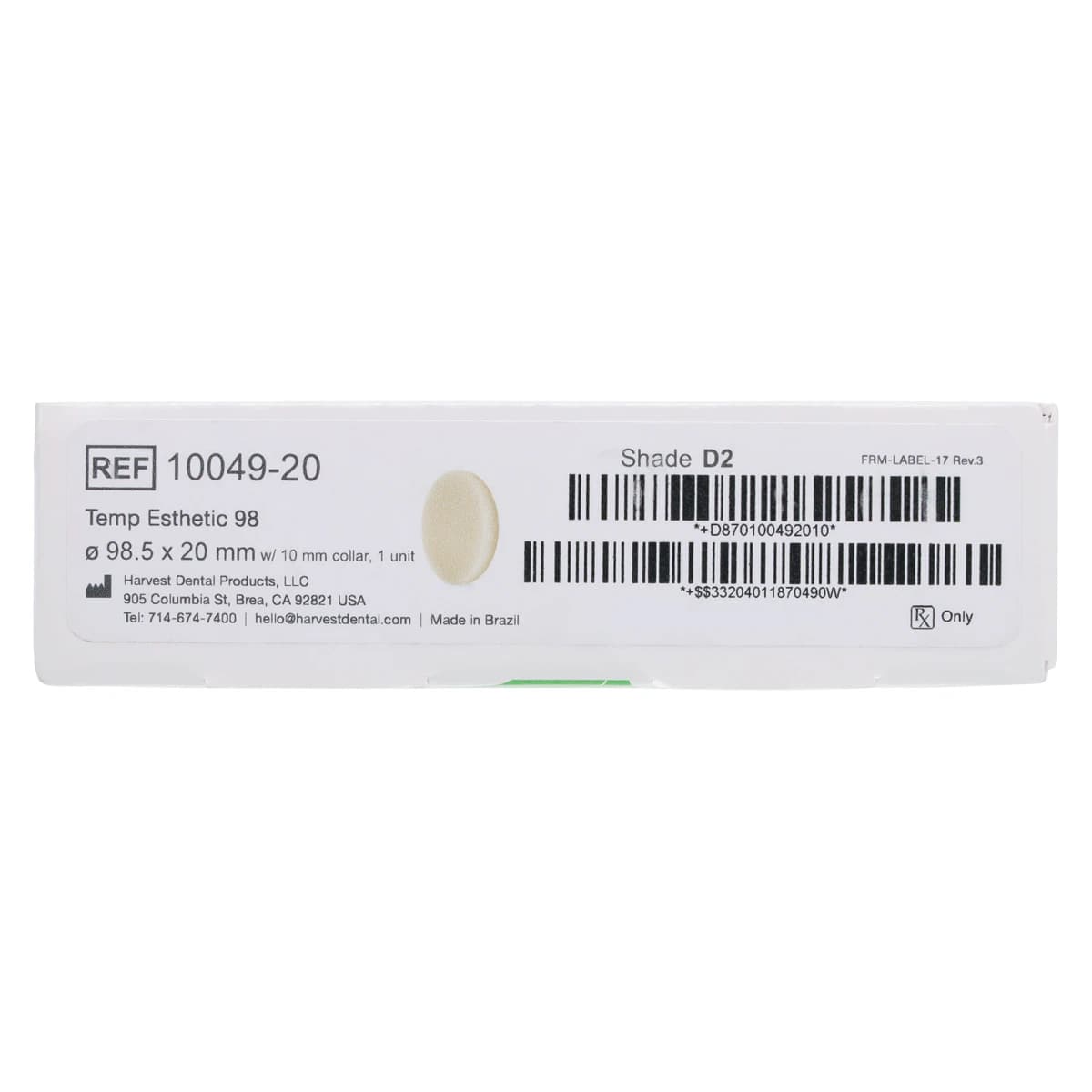 Harvest Esthetic DCL PMMA -ML- Denture + Temp Disc, D2 Shade, 98 x 20 mm thumbnail 2