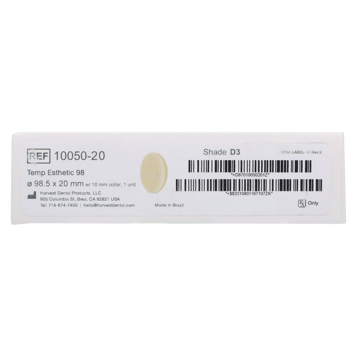 Harvest Esthetic DCL PMMA -ML- Denture + Temp Disc, 98 x 20 mm, Shade D3, 1/Pkg thumbnail 7