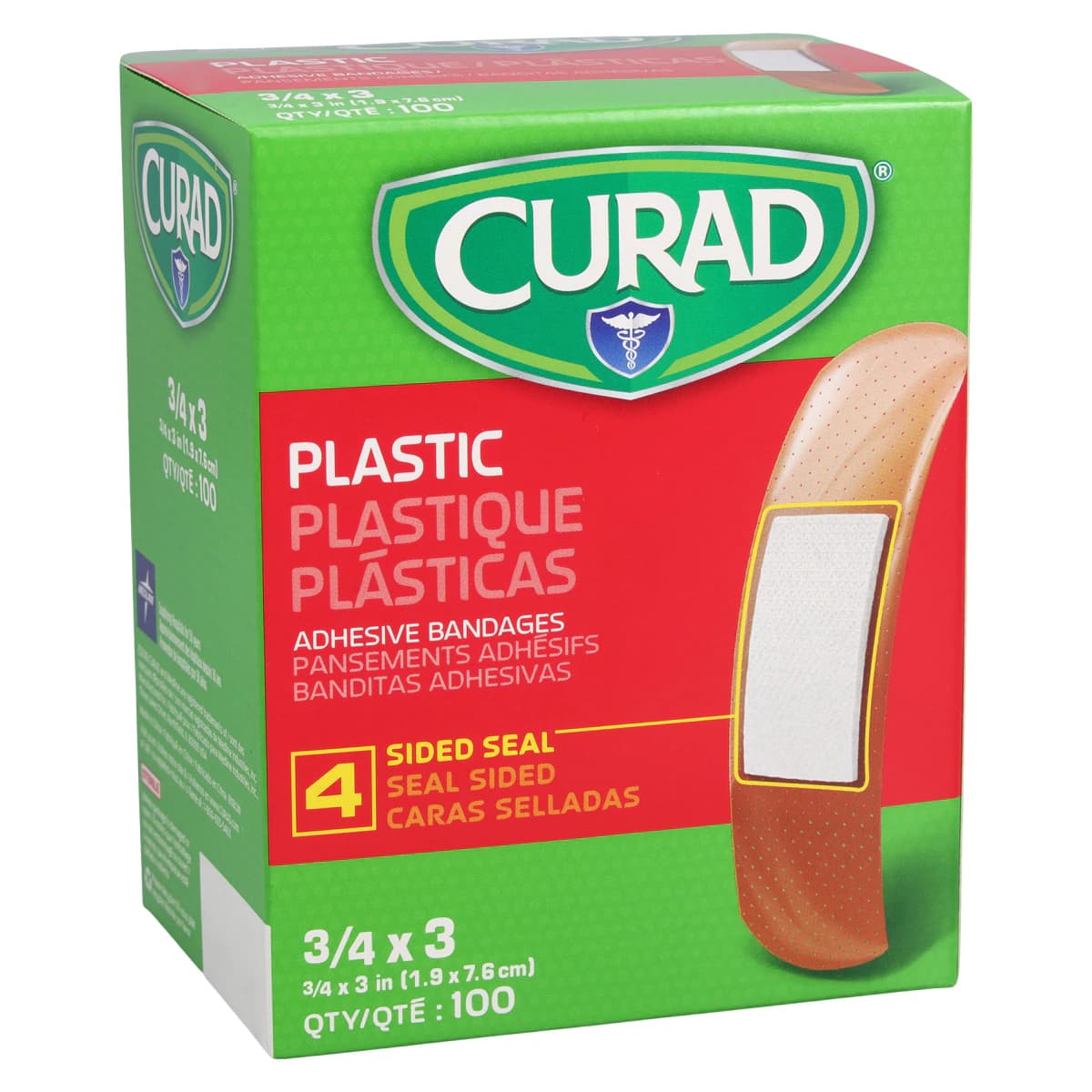 Curad Adhesive Bandage, Plastic Strip, 3" x 0.75", Natural/Tan, Sterile, 100/Box thumbnail 2