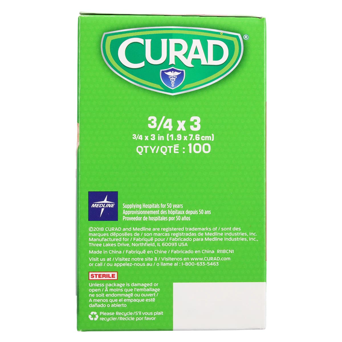 Curad Adhesive Bandage, Plastic Strip, 3" x 0.75", Natural/Tan, Sterile, 100/Box thumbnail 6