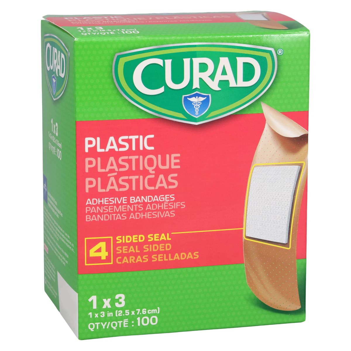 Curad Adhesive Bandage, Plastic Strip, 1" x 3", Tan/Natural, Sterile, 100/Box thumbnail 2