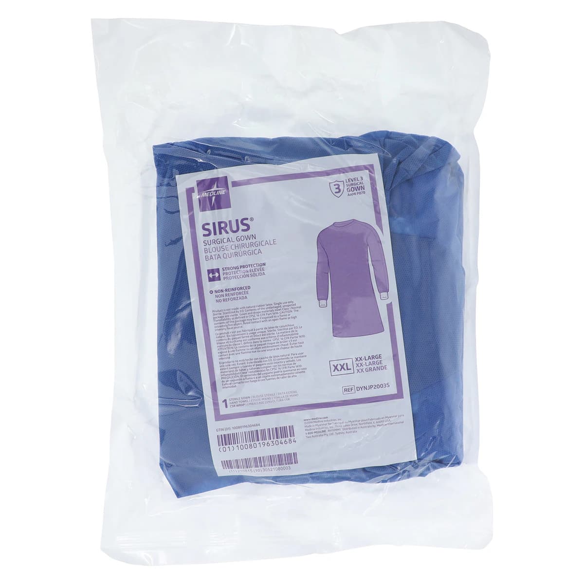 Medline Sirus Non-Reinforced Surgical Gown, AAMI Level 3, SMS Fabric, 2X-Large, Hook & Loop Neck, Set-In Sleeves, 18/Case thumbnail 6