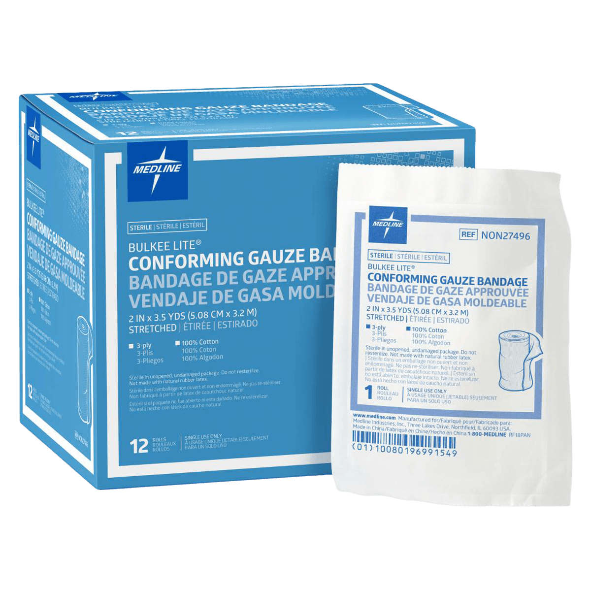 Medline Bulkee Lite Gauze Bandage, 2" x 3.5 yd, 3 Ply, Sterile, 12/Box thumbnail 2