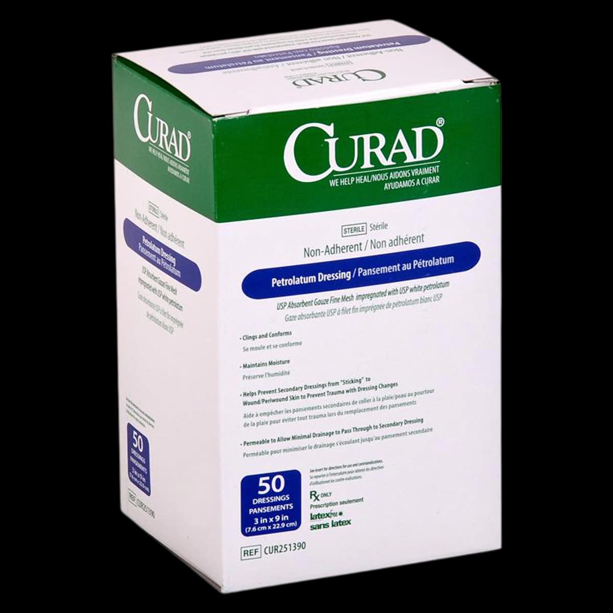 Curad Petrolatum Gauze Dressing, 3" x 9", Sterile, Oil Emulsion, Latex-Free - Petroleum Gauze Dress Sterile - Image 1