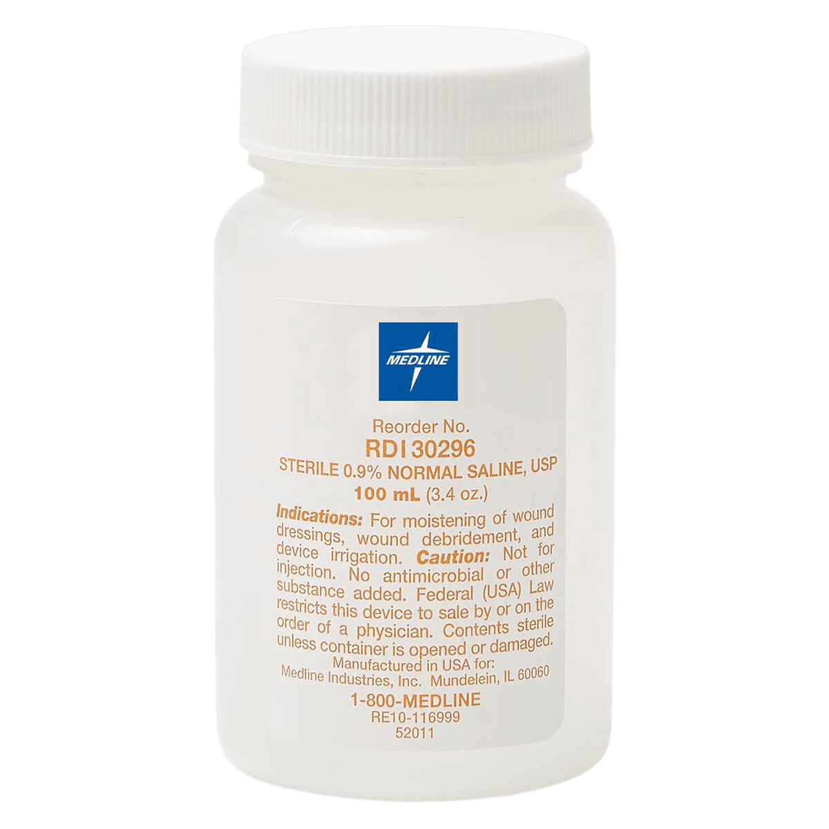 Medline Sterile 0.9% Normal Saline Solution, 100mL Plastic Pour Bottle, Non-Latex, 48/Case thumbnail 2
