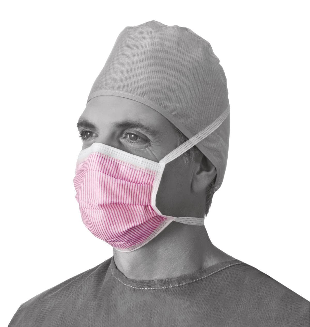 Medline Surgical Tie-On Mask, ASTM Level 3, Anti-Fog, Pink/White Striped, Latex-Free, 50/Box, 6 Boxes/Case - Mask Surgical ASTM Level 3 - Image 1