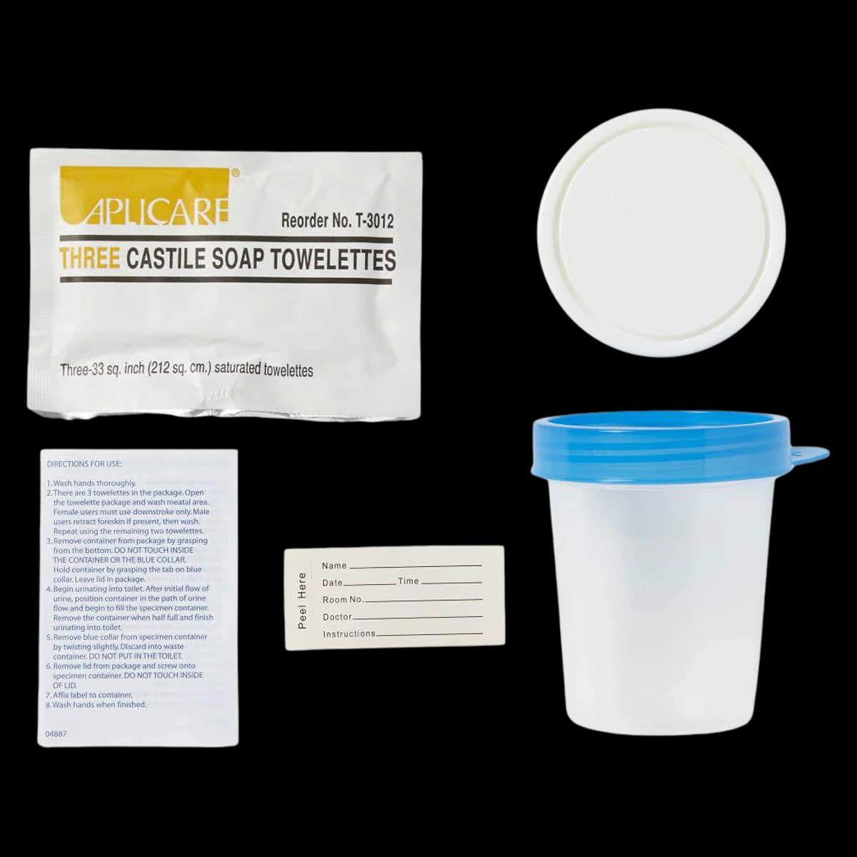 Medline Midstream Collection Kit, 4 oz Polypropylene Specimen Container with Castile Towelette and Handle, Sterile, Screw Cap, Clear, 100/Case - Container Specimen w/Towelette - Image 1