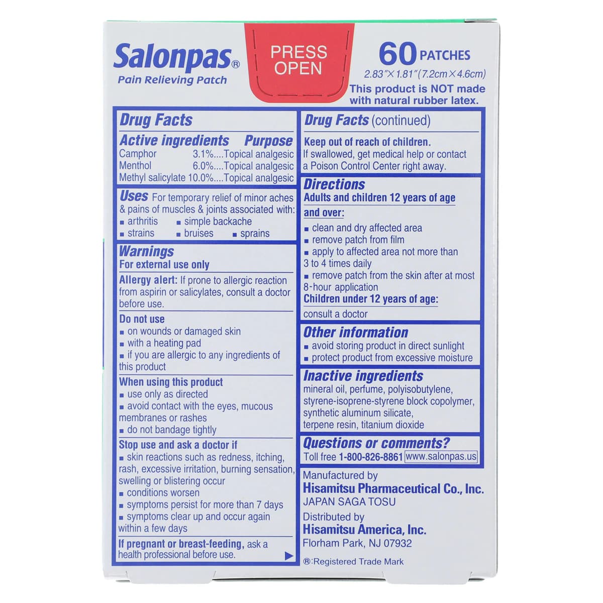 Salonpas Pain Relief Patch, 8 Hour, 3.1%/6%/10% Menthol/Methyl Salicylate/Capsaicin, 60 Patches/Package thumbnail 2