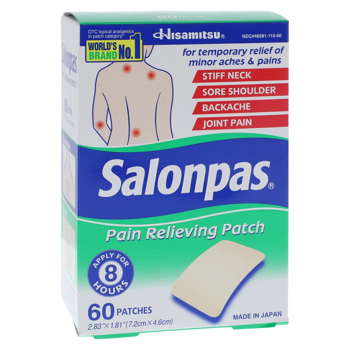 Salonpas Pain Relief Patch, 8 Hour, 3.1%/6%/10% Menthol/Methyl Salicylate/Capsaicin, 60 Patches/Package - Salonpas Pain Patch 8Hr - Image 1