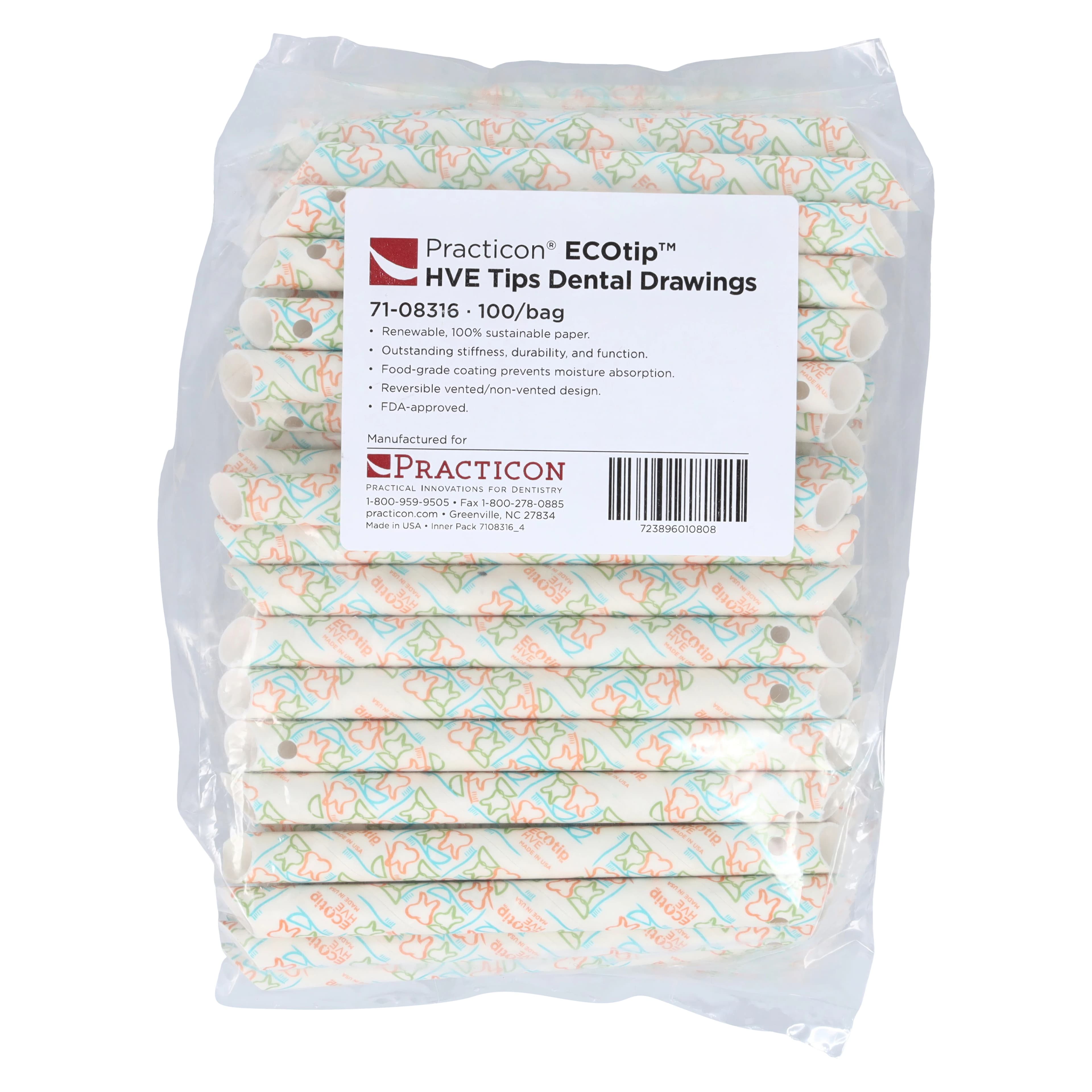 ECOtip Vented HVE Tips, Paper, 5.5" Long, 100/Bag, 7108316 - ECOtip Vented Dental Drawings HVE Tips Bag of 100 - Image 1