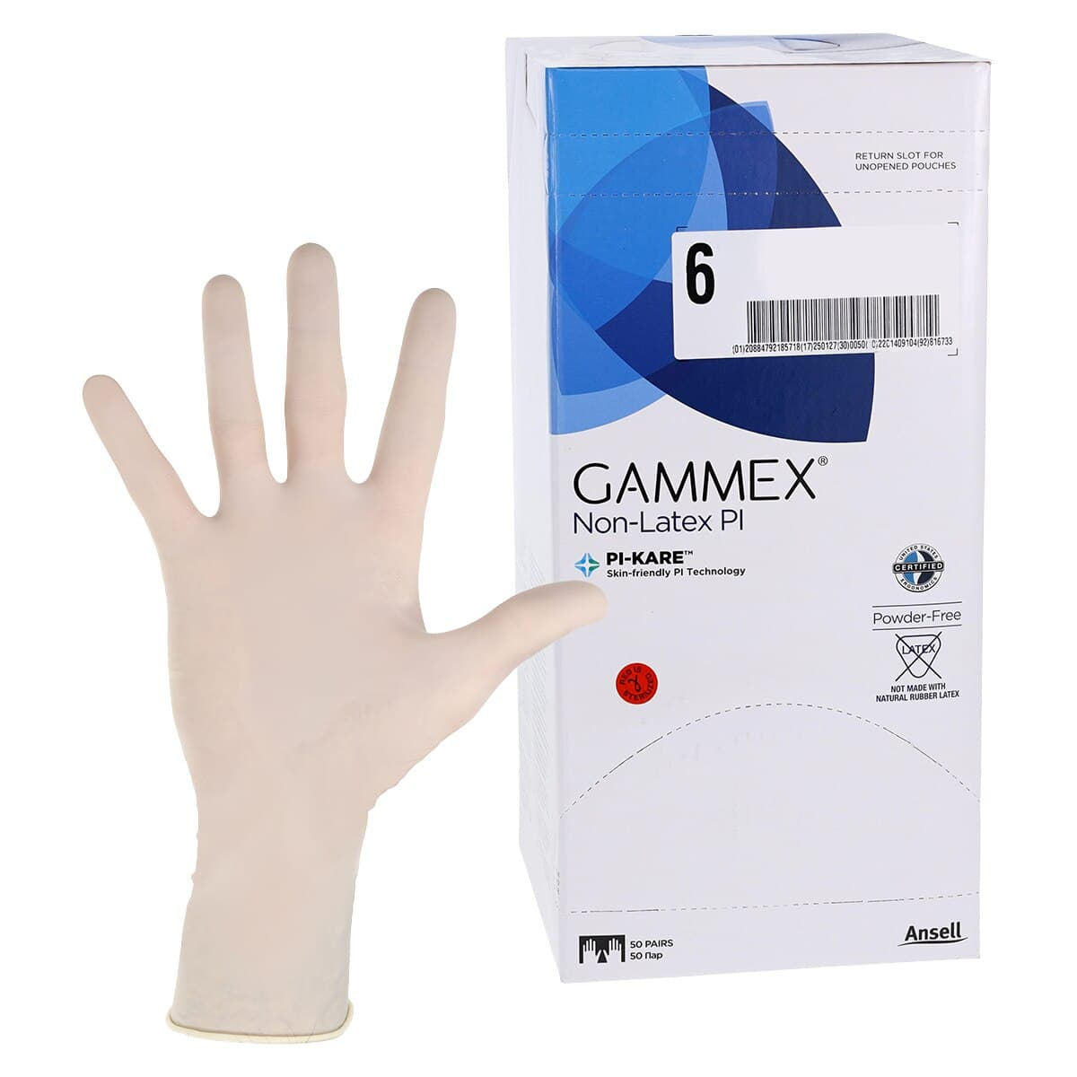 GAMMEX Non-Latex PI White Polyisoprene Surgical Gloves, Size 6, Sterile, Powder Free, 50 Pairs/Box - GAMMEX Non-Latex PI White Polyisoprene Surgical Gloves, 50 pairs/box: Size 6 - Image 1