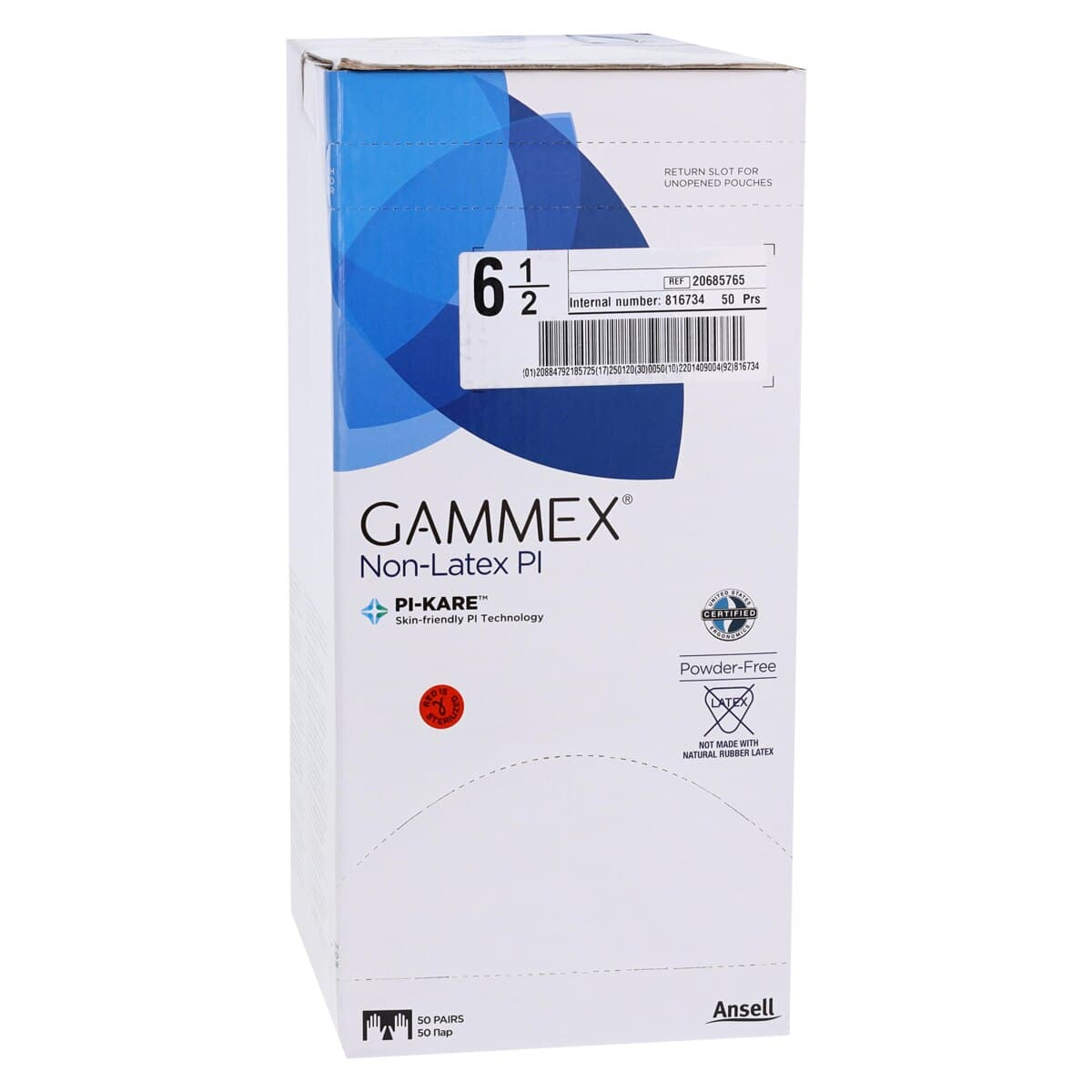 Ansell Gammex Non-Latex PI White Polyisoprene Surgical Gloves, Sterile, Powder Free, Size 6.5, 50 Pairs/Box, 20685765 thumbnail 4