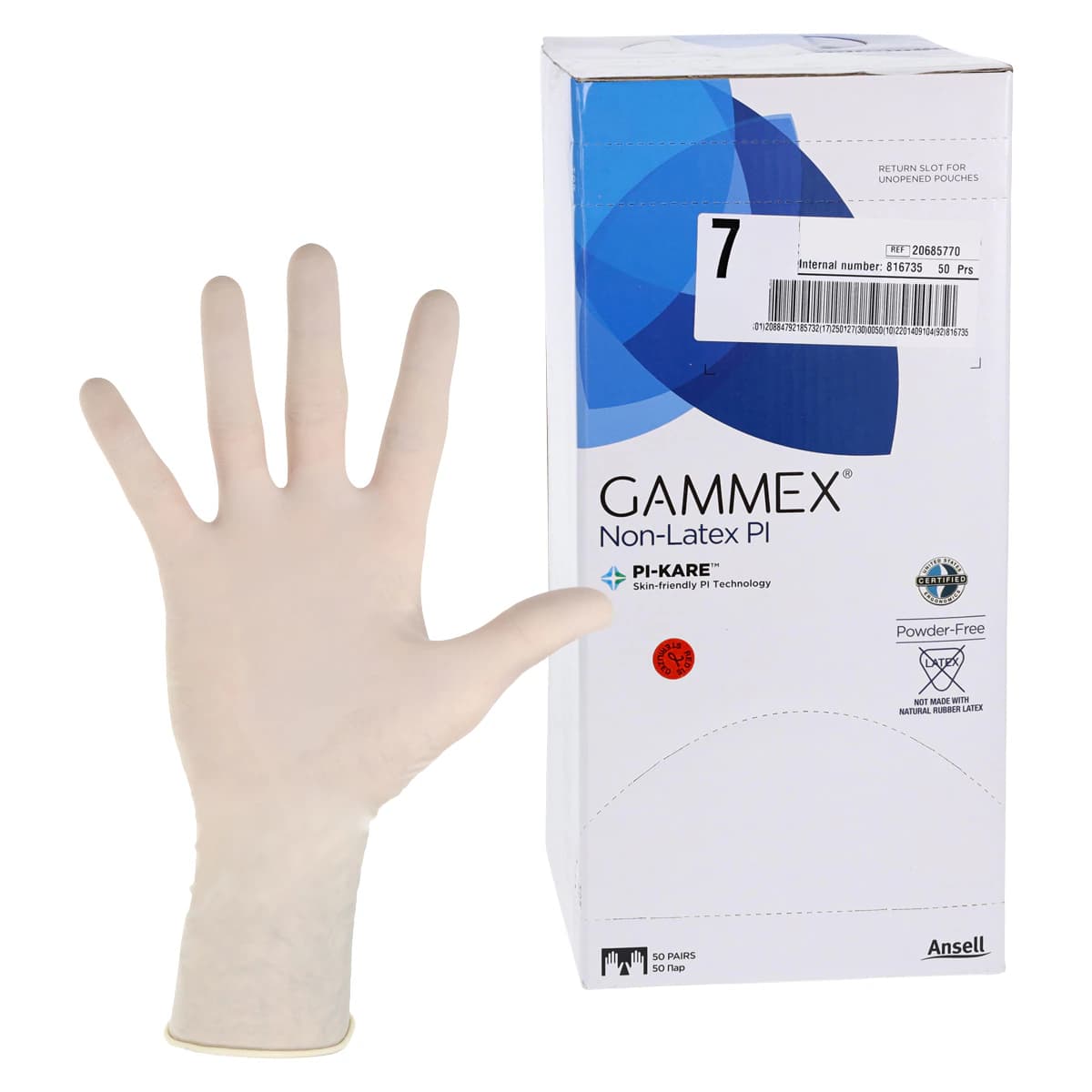 GAMMEX Non-Latex PI White Polyisoprene Surgical Gloves, Powder Free, Sterile, Size 7, 50 pairs/box, 20685770 - GAMMEX Non-Latex PI White Polyisoprene Surgical Gloves, 50 pairs/box: Size 7 - Image 1