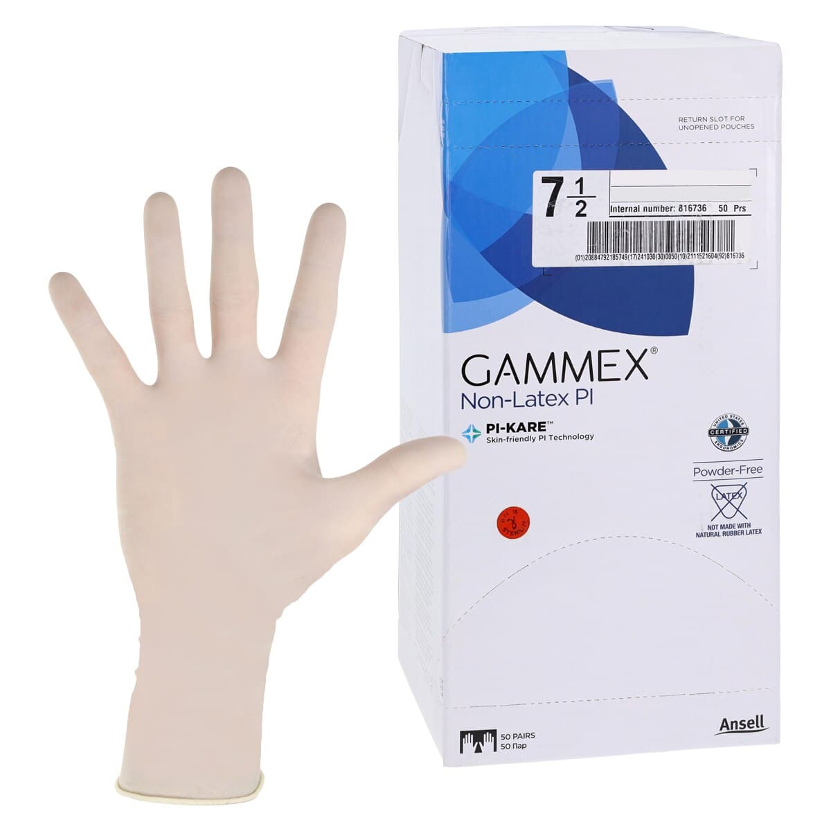 GAMMEX Non-Latex PI White Polyisoprene Surgical Gloves, Size 7-1/2, Sterile, Powder-Free, 50 pairs/box thumbnail 2