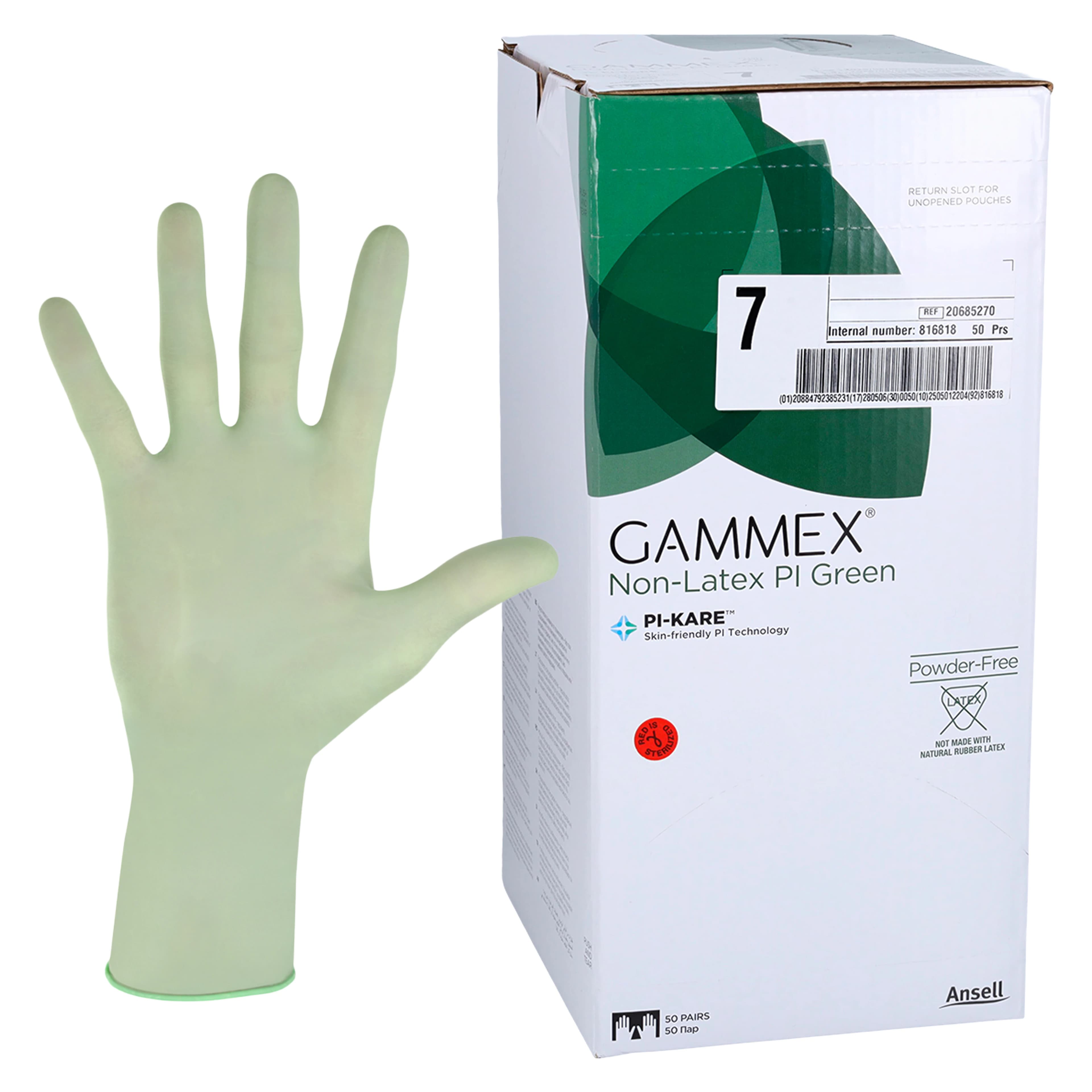 Ansell Gammex PI Green Polyisoprene Surgical Gloves, Sterile, Powder Free, Size 7.0, 50 Pairs/Box, 20685270 - Surgical Gloves, 100% Synthetic Polyisoprene, No Natural Rubber, Sterile, Powder Free (PF), Surgical, Size 7.0, 50 pr/bx, 20685270 - Image 1