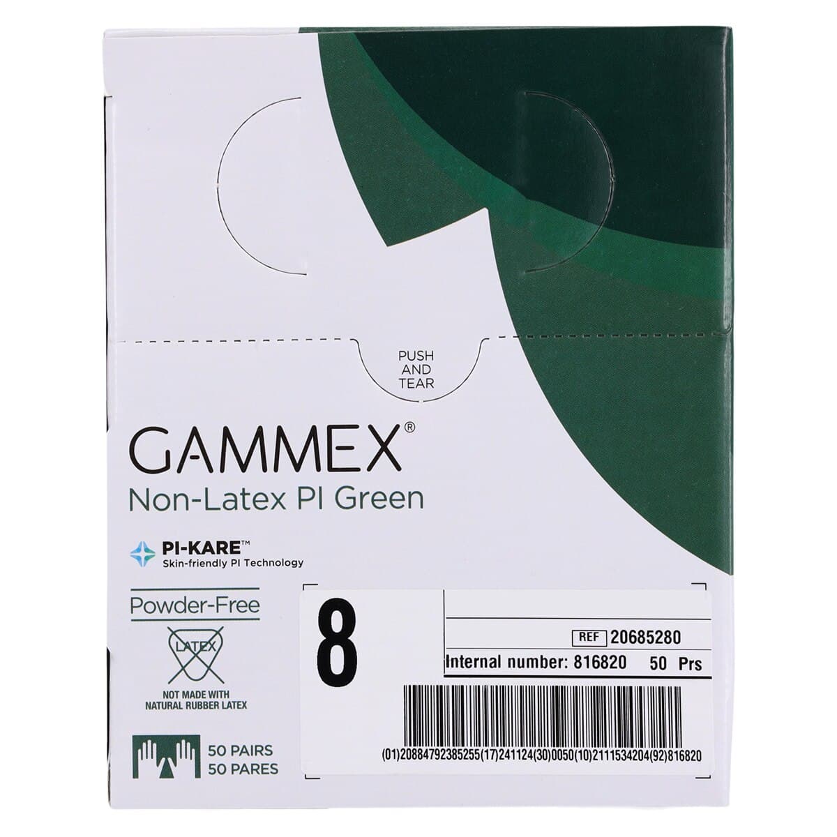 GAMMEX Non-Latex PI Green Polyisoprene Surgical Gloves, Sterile, Powder Free, Size 8.0, 50 Pairs/Box, 20685280 thumbnail 8