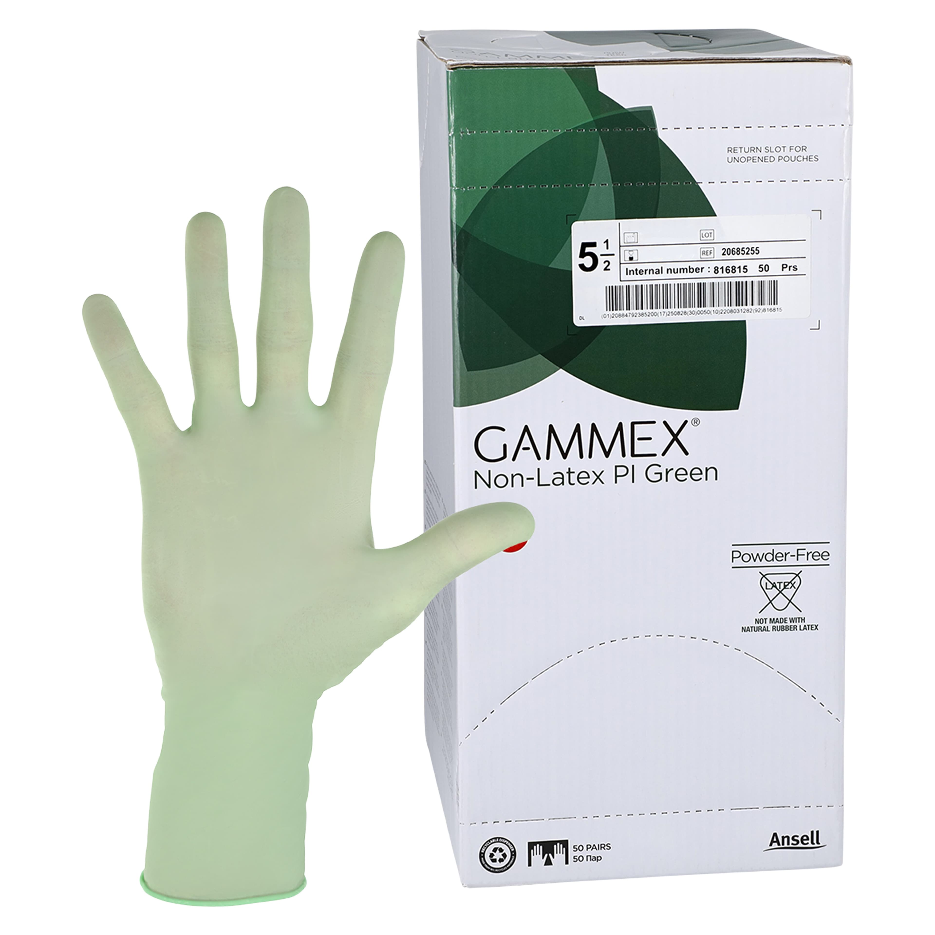 Gammex PI Green Polyisoprene Surgical Gloves, Sterile, Powder-Free, Fitted Size 5.5, Green, 50 Pairs/Box thumbnail 2