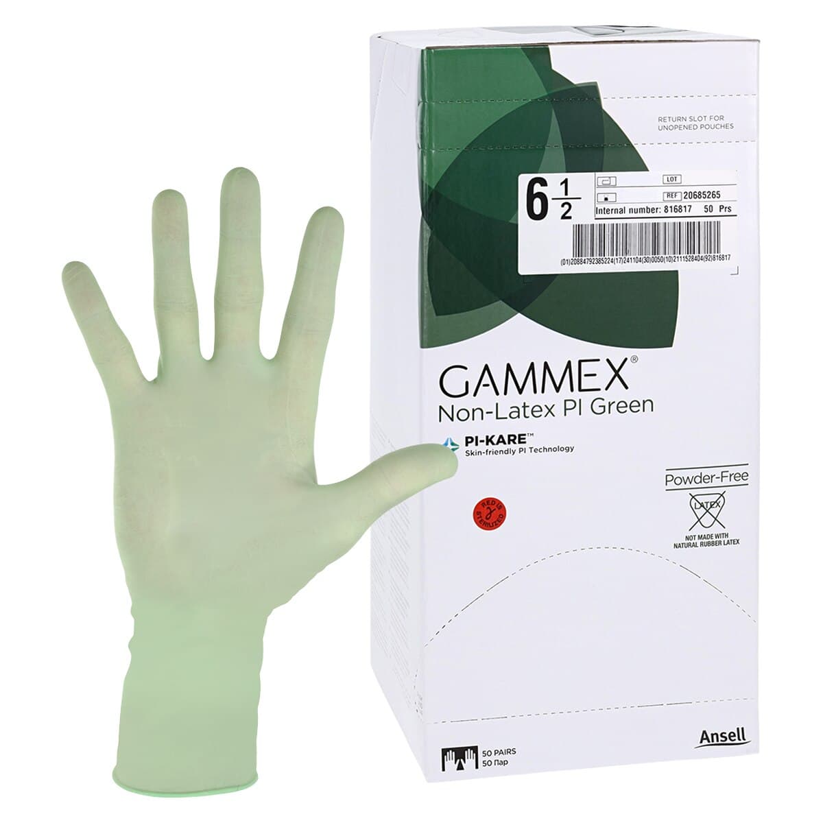 Ansell Gammex PI Green Polyisoprene Surgical Sterile Gloves, Powder Free, Size 6.5, 50 Pairs/Box, 20685265 thumbnail 2